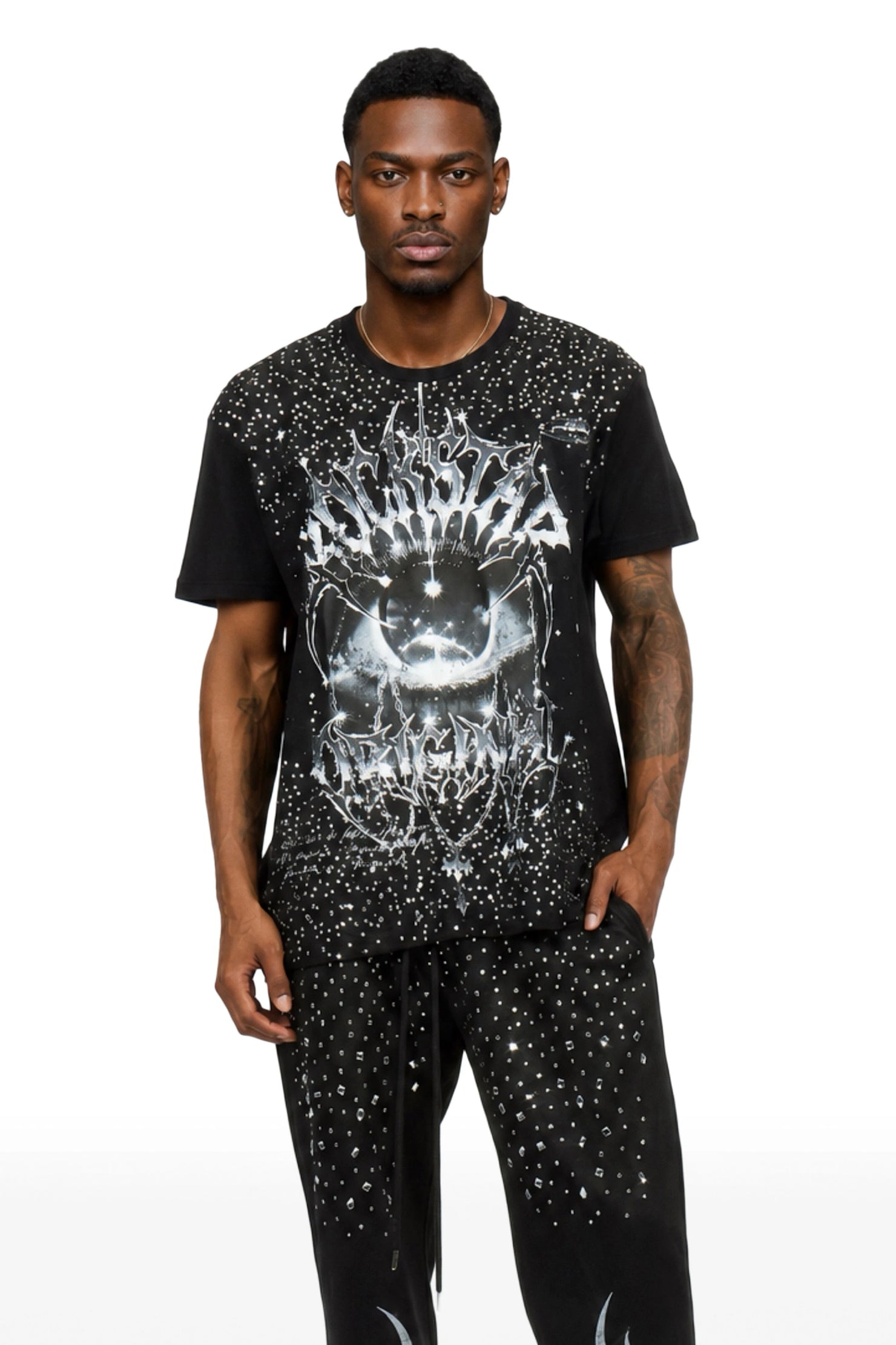Malykz Black/Black Rhinestone T-shirt/Stacked Flare Track Pant Set