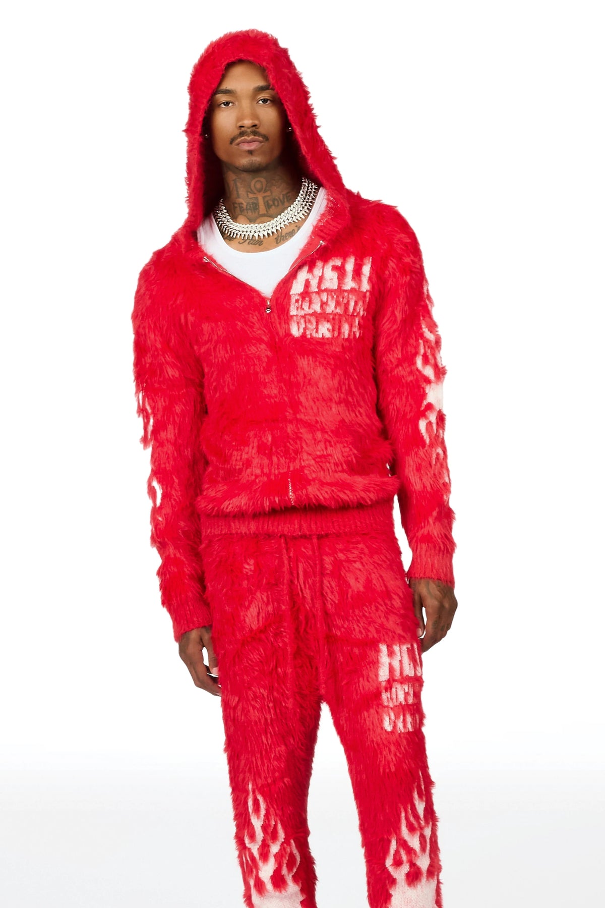 Toshio Red Stacked Flare Knitted Mohair Track Set