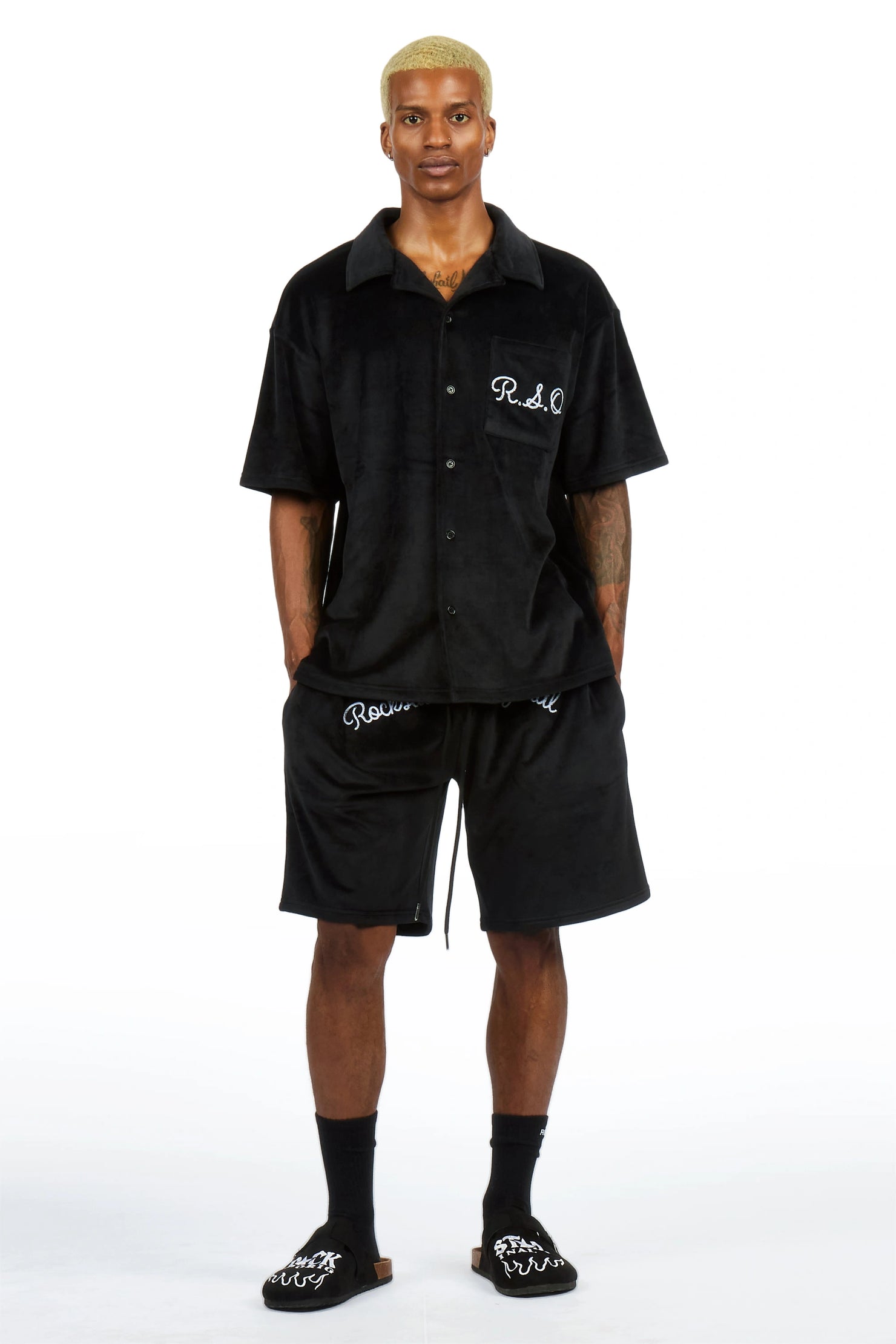 Crusoe Black Button Down Shirt/Short Set