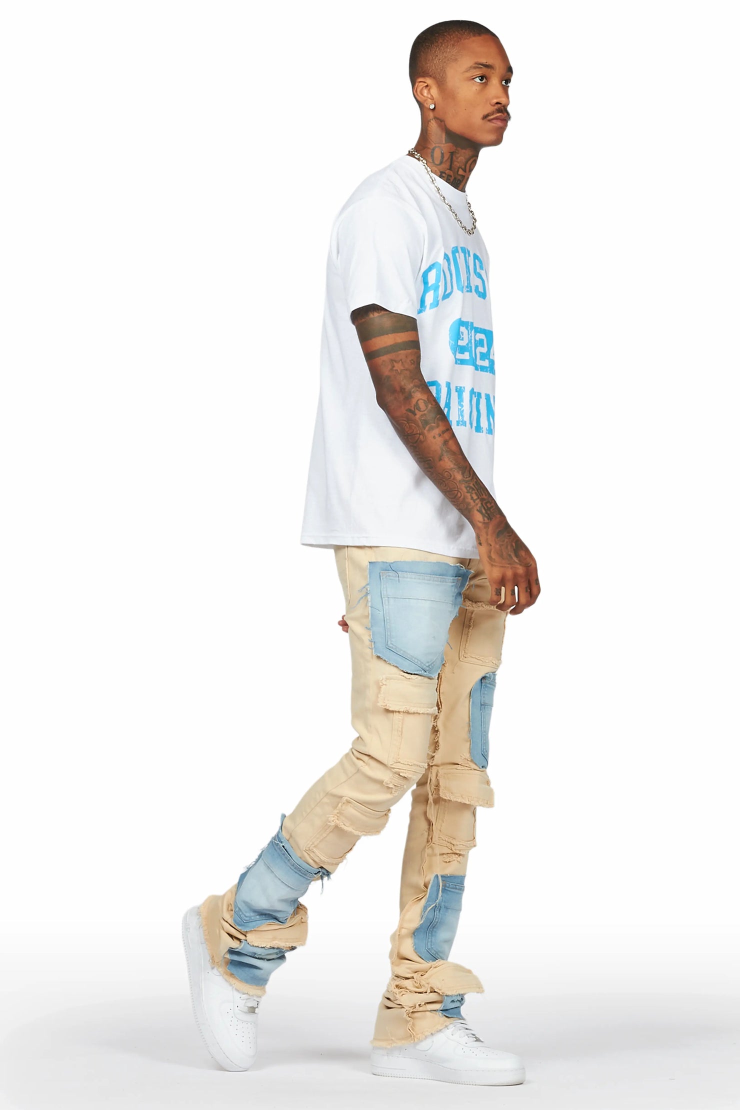 Heath Beige/Blue Patchwork Super Stacked Flare Jean