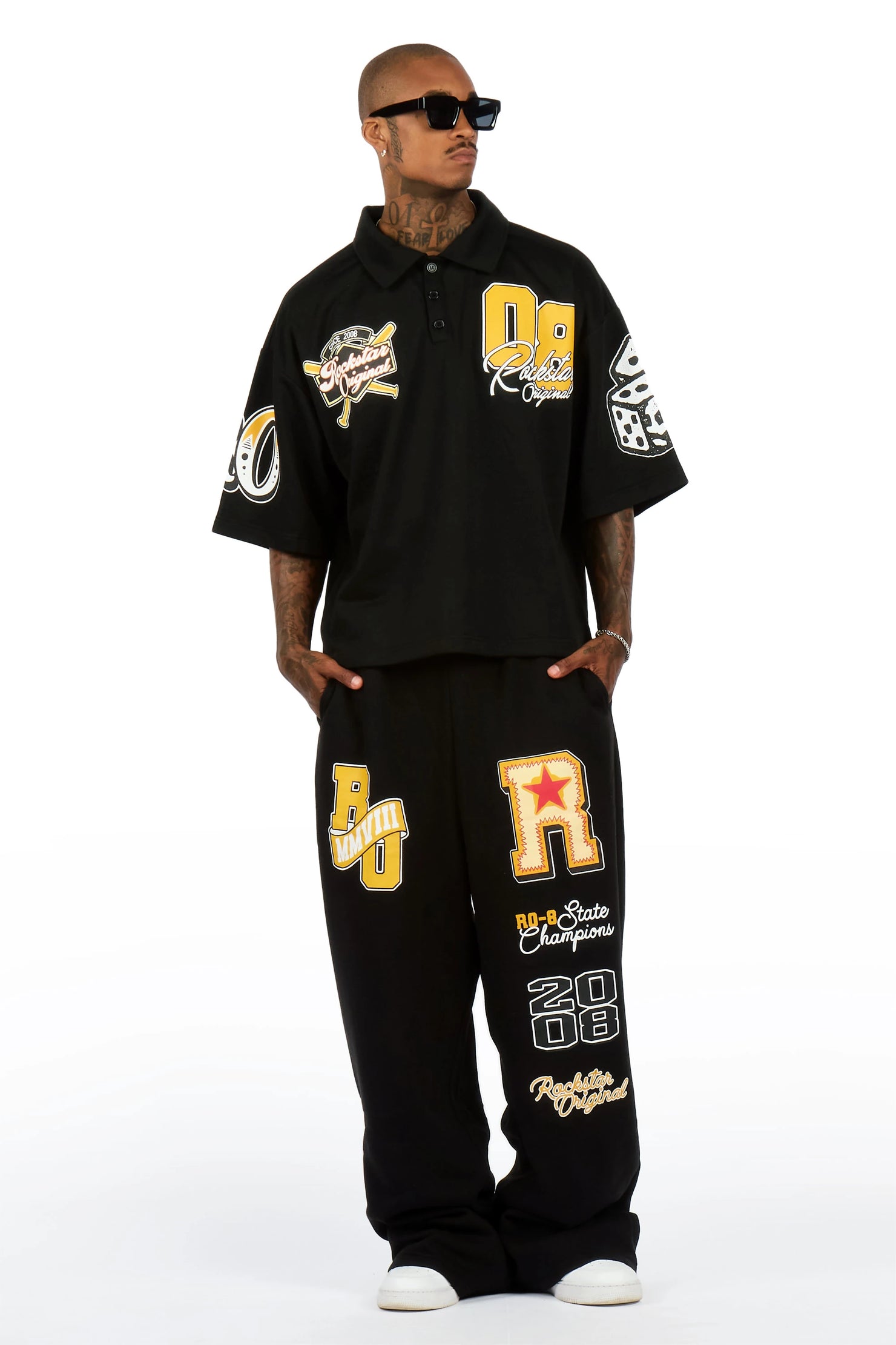 Forbidden Black Crop Boxy Polo/Fleece Baggy Track Set