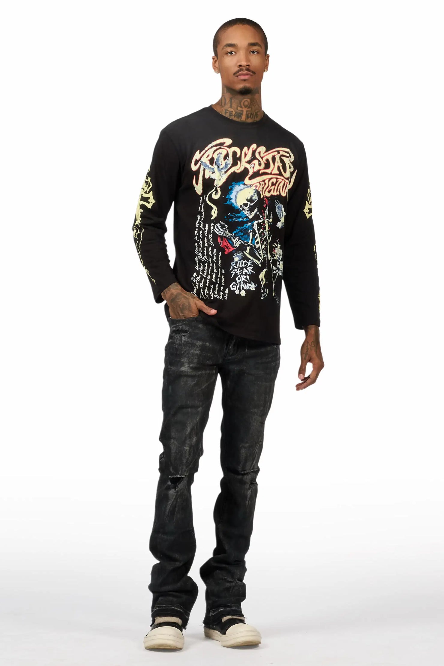 Danby Black Long Sleeve & Inkspill Grey Oil Wash Stacked Flare Jean Bundle