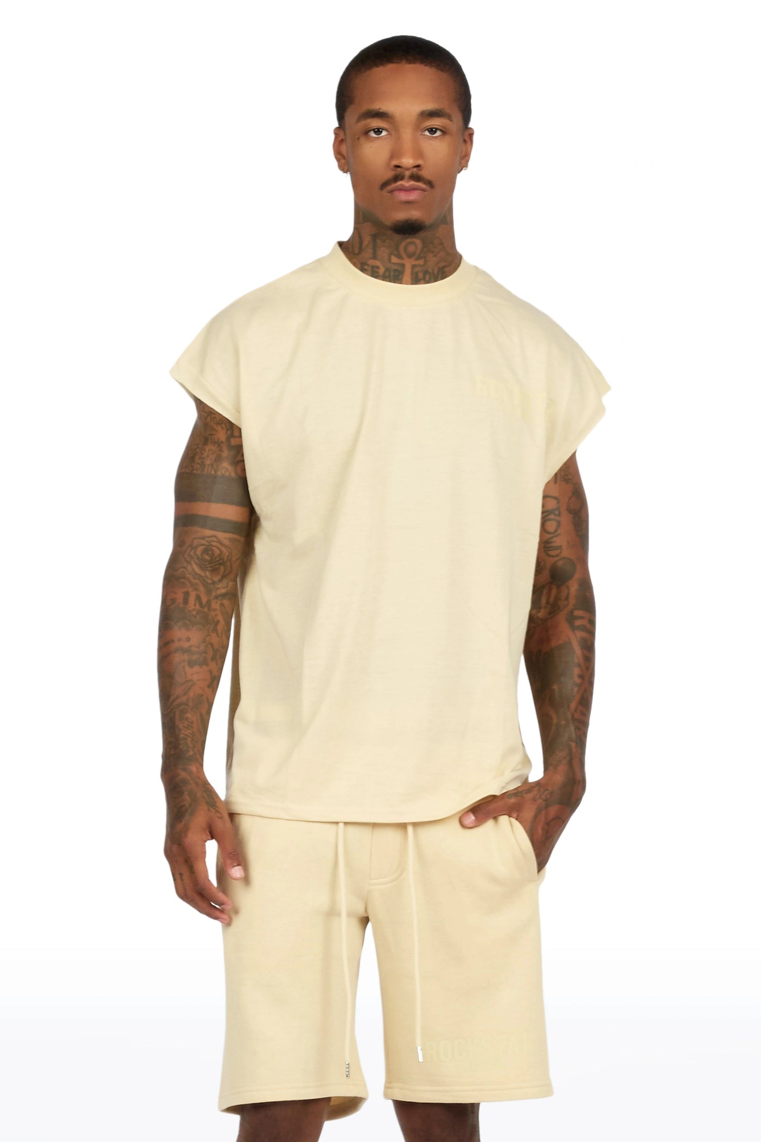 Sana Beige/Beige Cut Sleeve T-Shirt Short Set