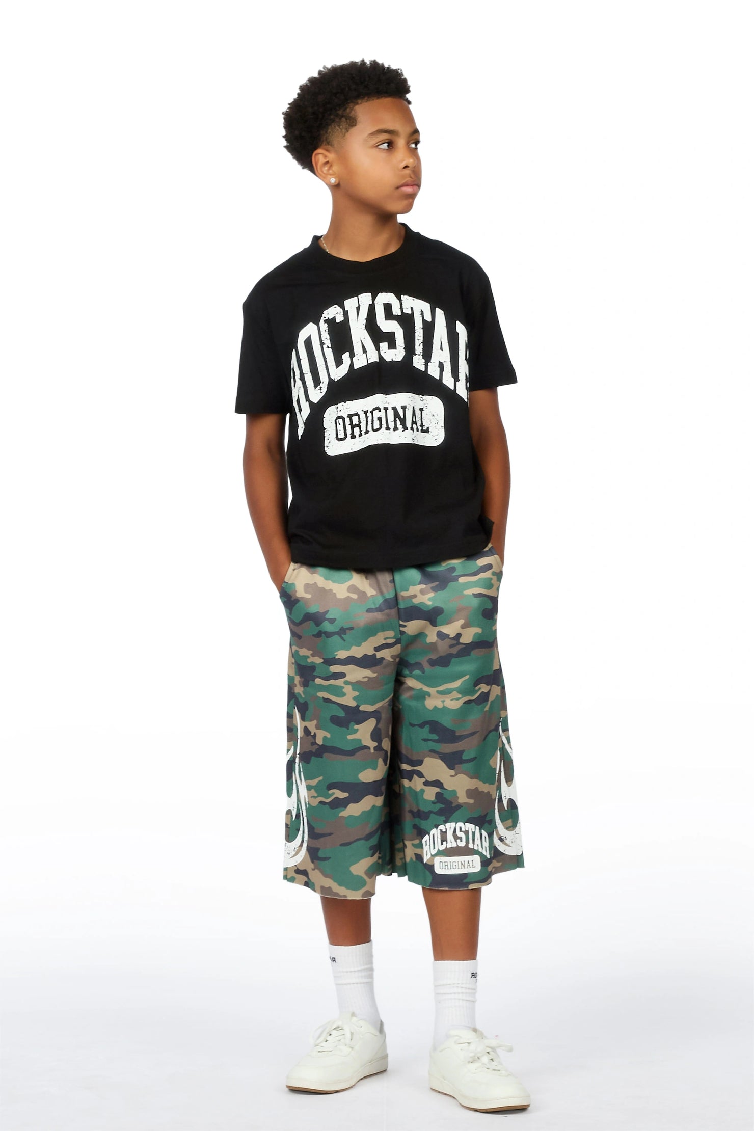 Boys Member Black Camo Oversized T-Shirt/Short Set