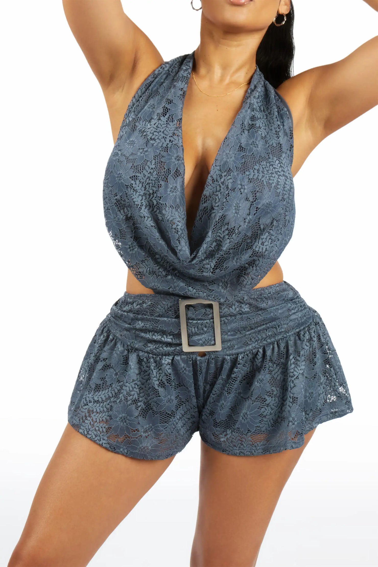Jump-Up Indigo Drape Neck Lace Skort Mini