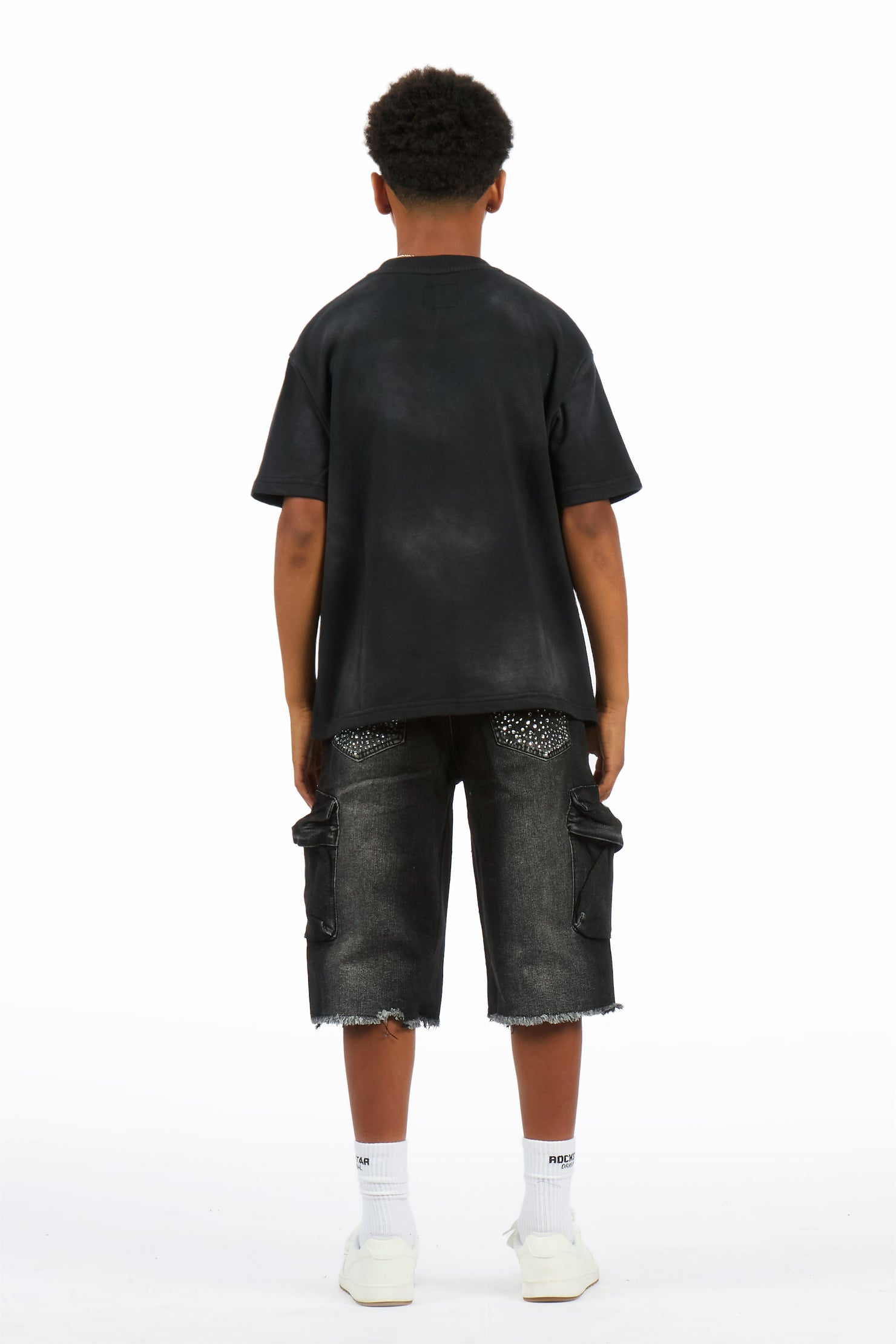 Boys Grand Black Wash Rhinestone Jort
