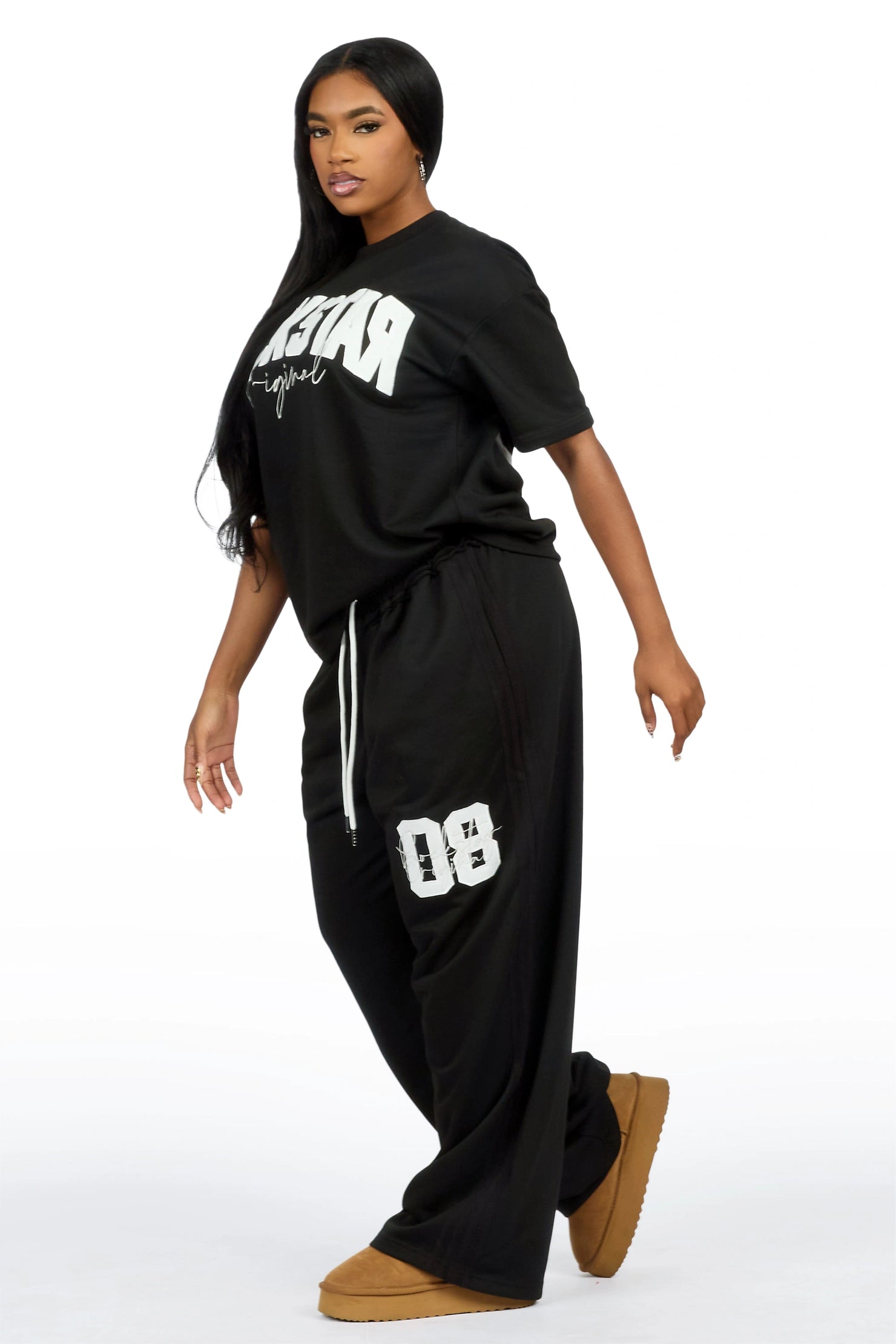 Cheyane Black French Terry Chenille Tee/ French Terry Relaxed Track Set