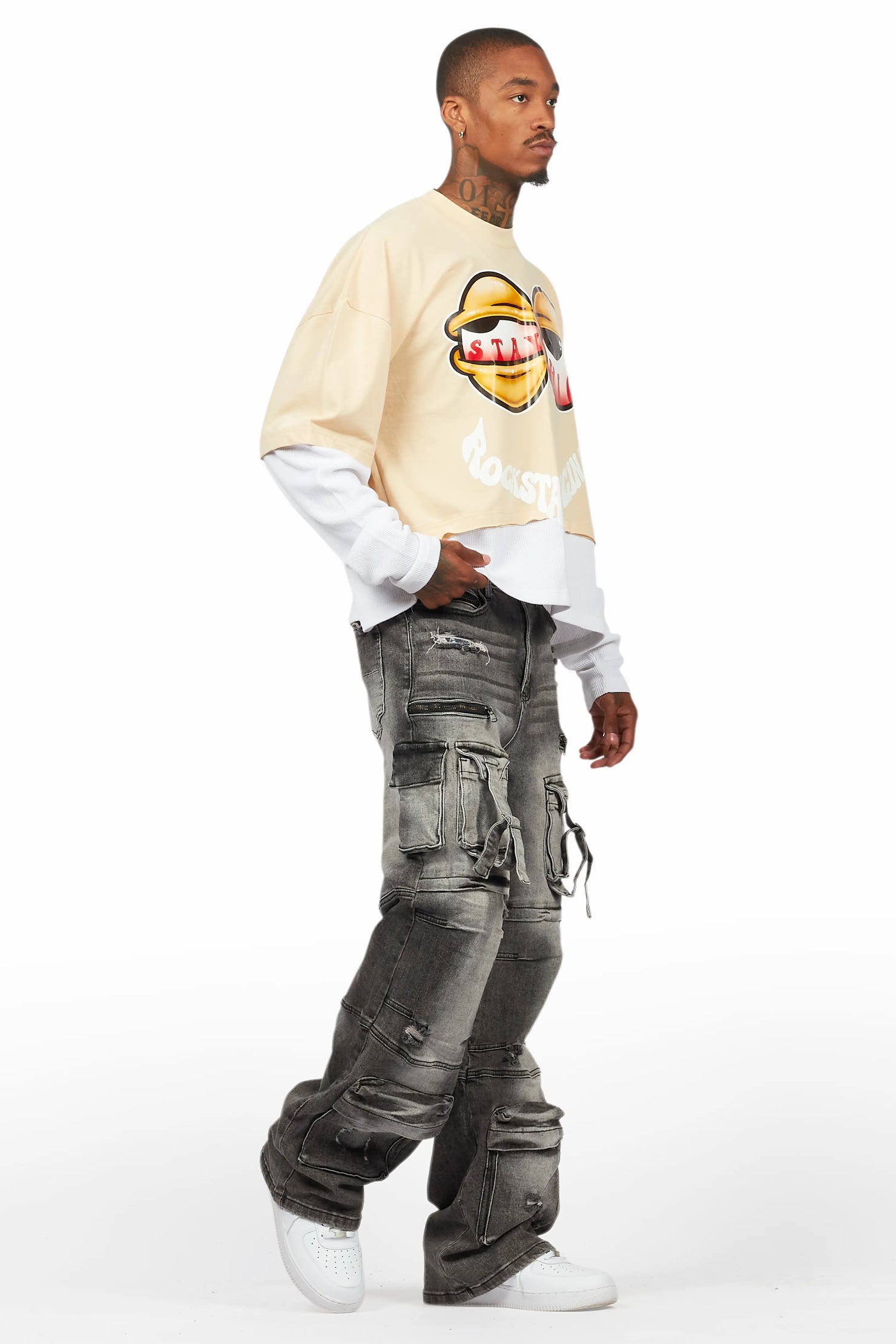 Highya Vintage Sand Thermal Double Layer Boxy Crop T-Shirt