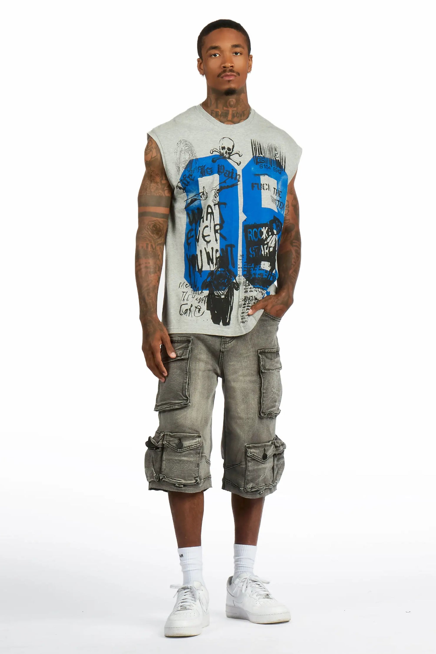 Grill 3.0 Heather Grey/Grey Oversized Graphic T-Shirt & Mahesh Baggy Cargo Jean Short