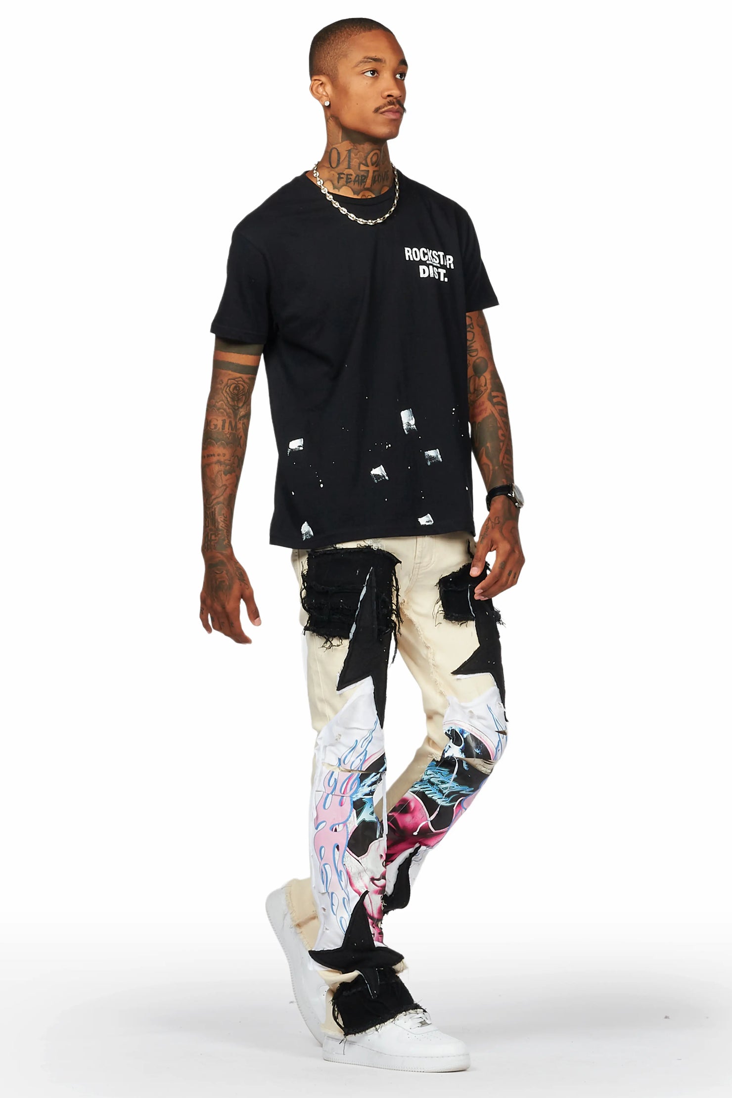 Helios Beige Patchwork Stacked Flare Jean