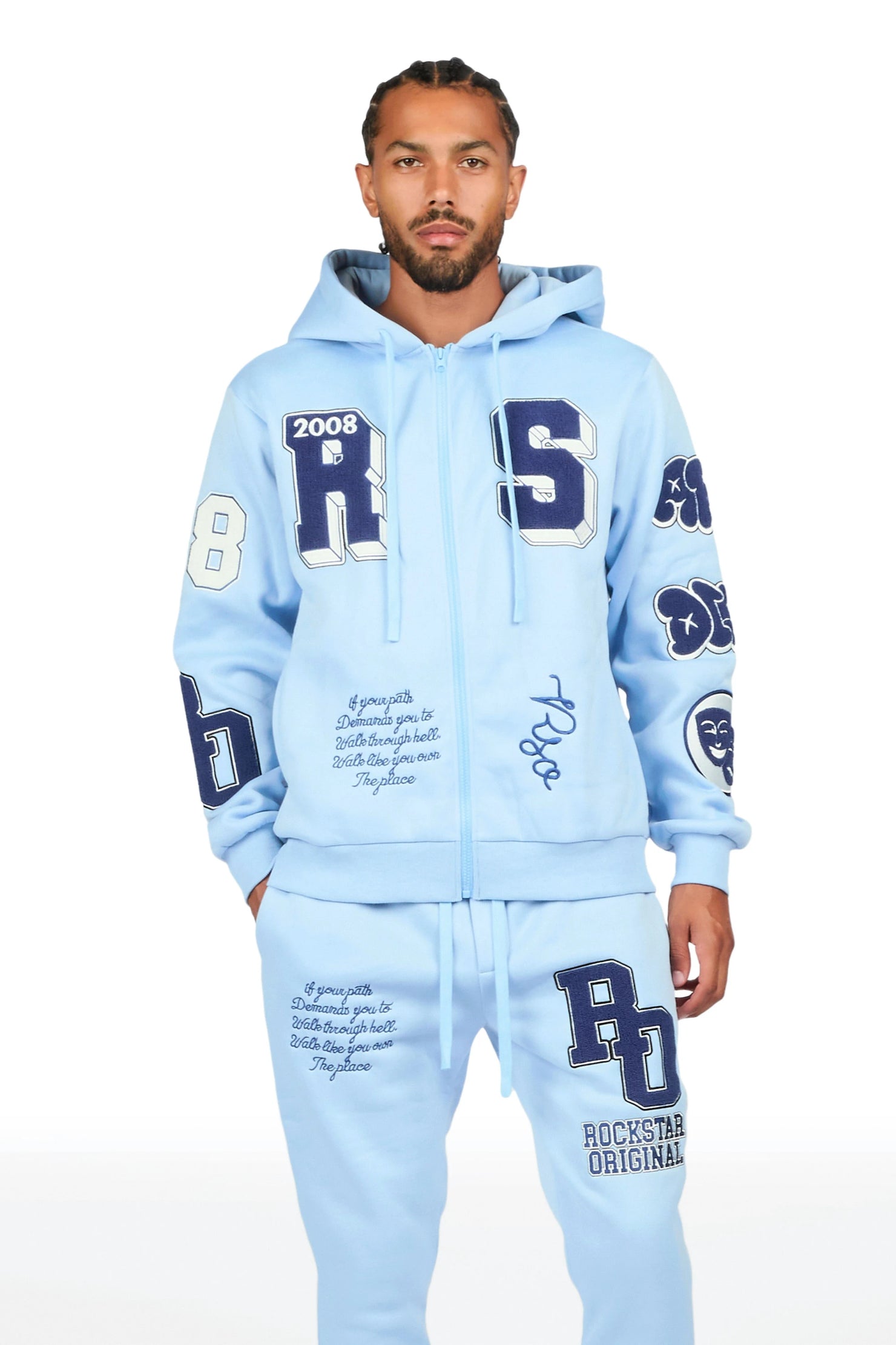Leslaw Baby Blue Zip Up Hoodie Stacked Track Set