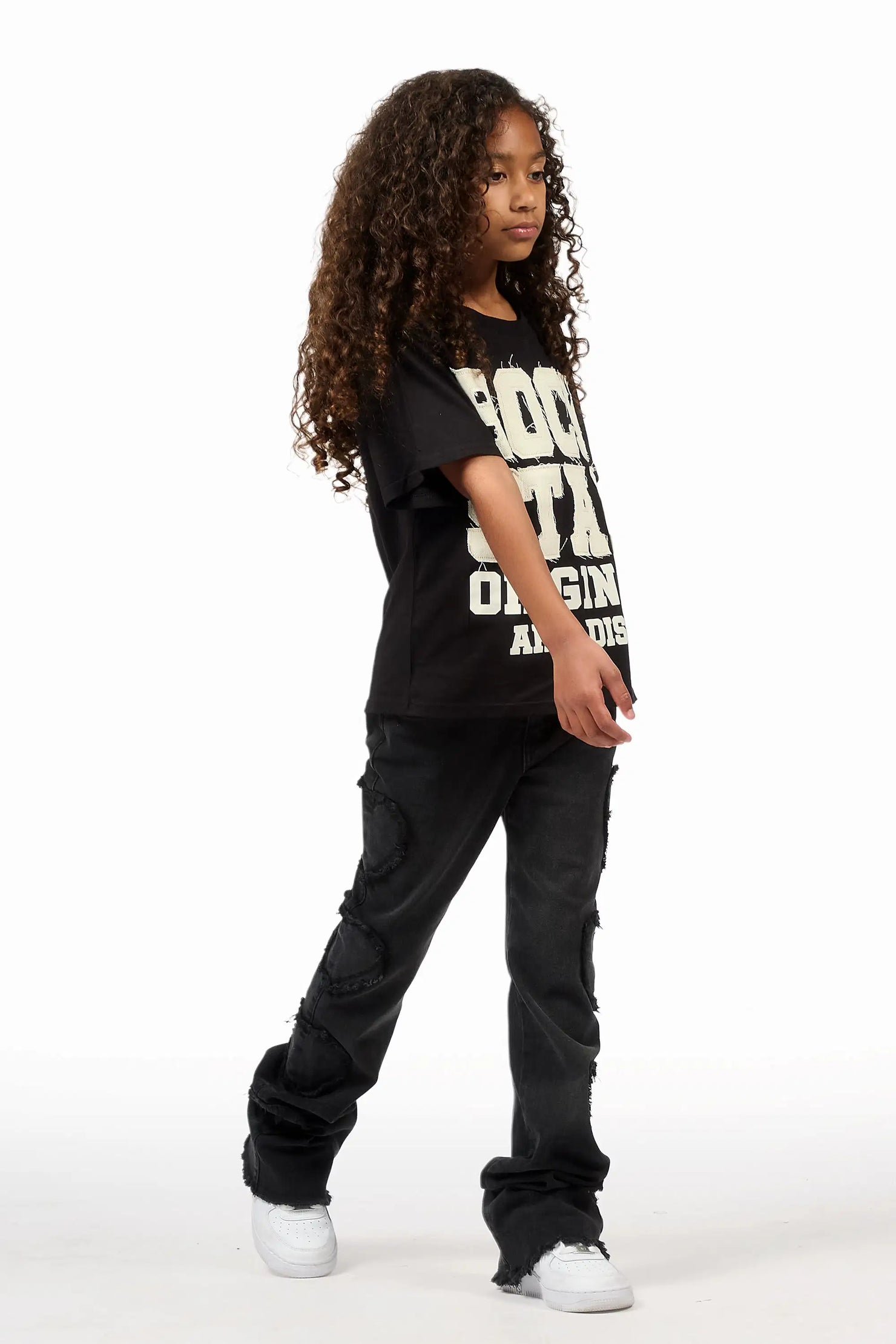 Girls Sinayah Heart Black Stacked Flare Jean