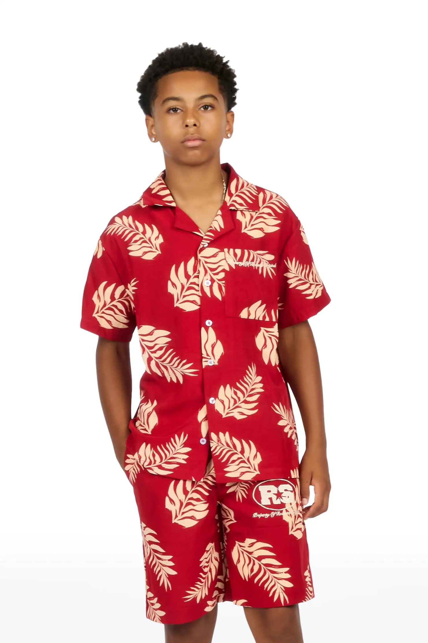 Boys Puka Red/Cream Button Down Shirt/Short Set