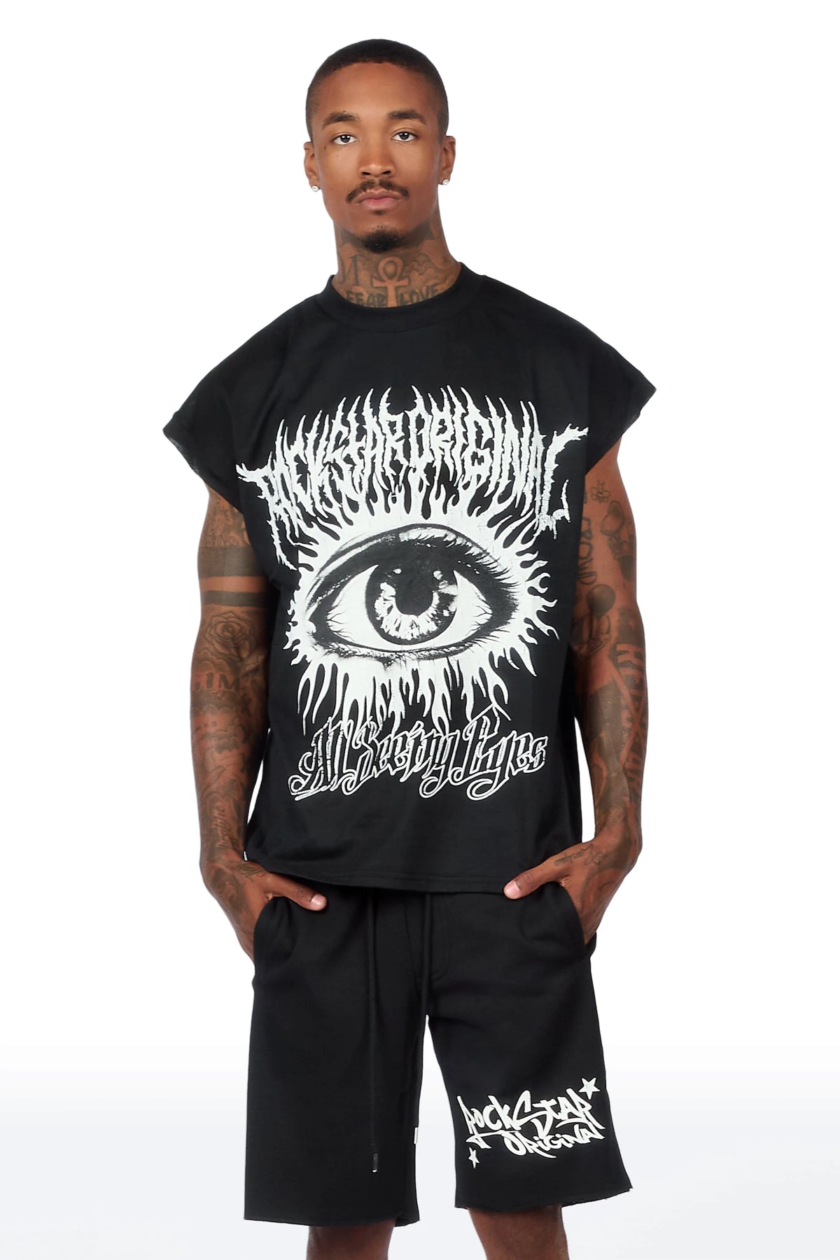 All Seeing Eyes Black Cut Sleeve Short Set