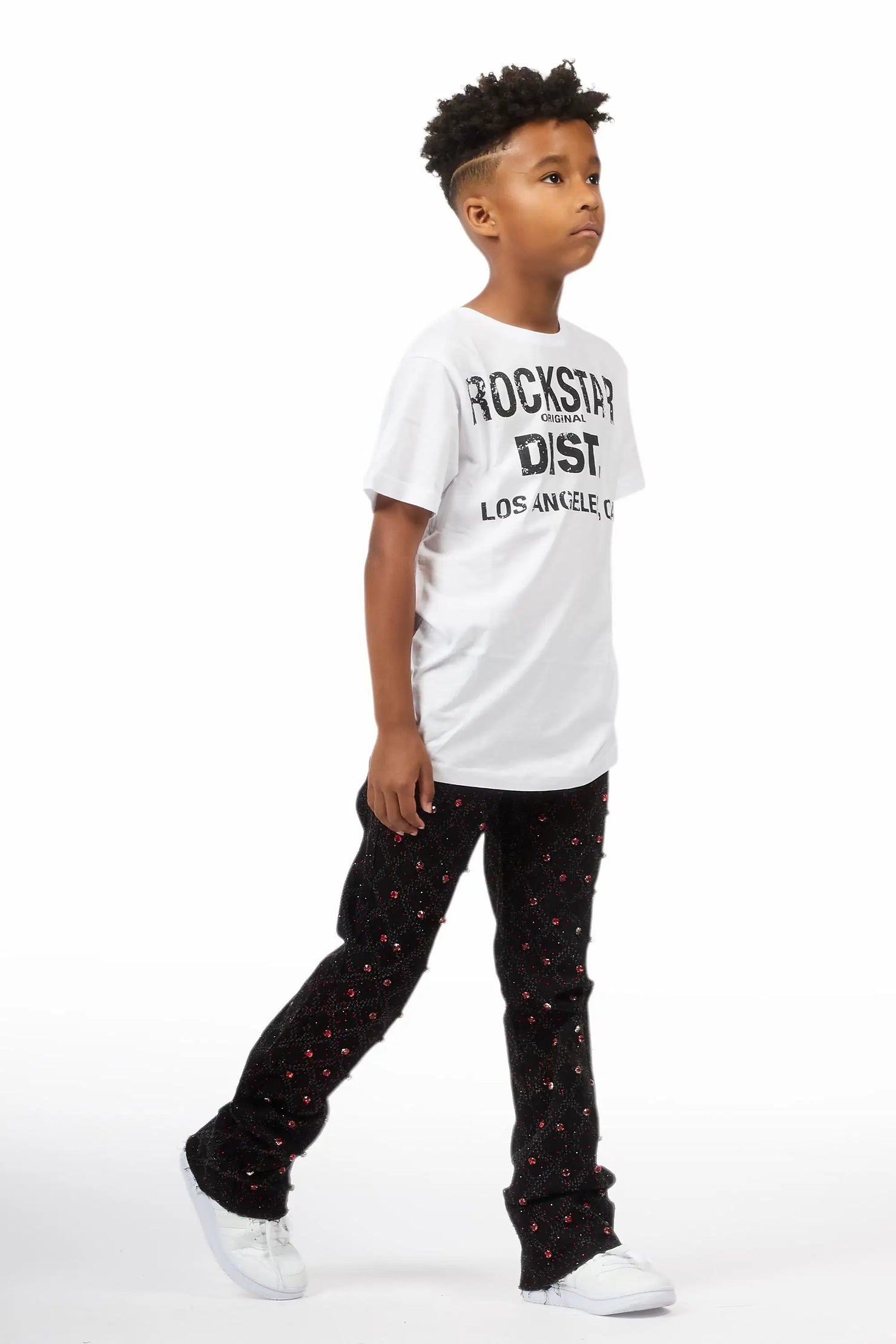 Boys Glit Black/Red Rhinestone Stacked Flare Jean