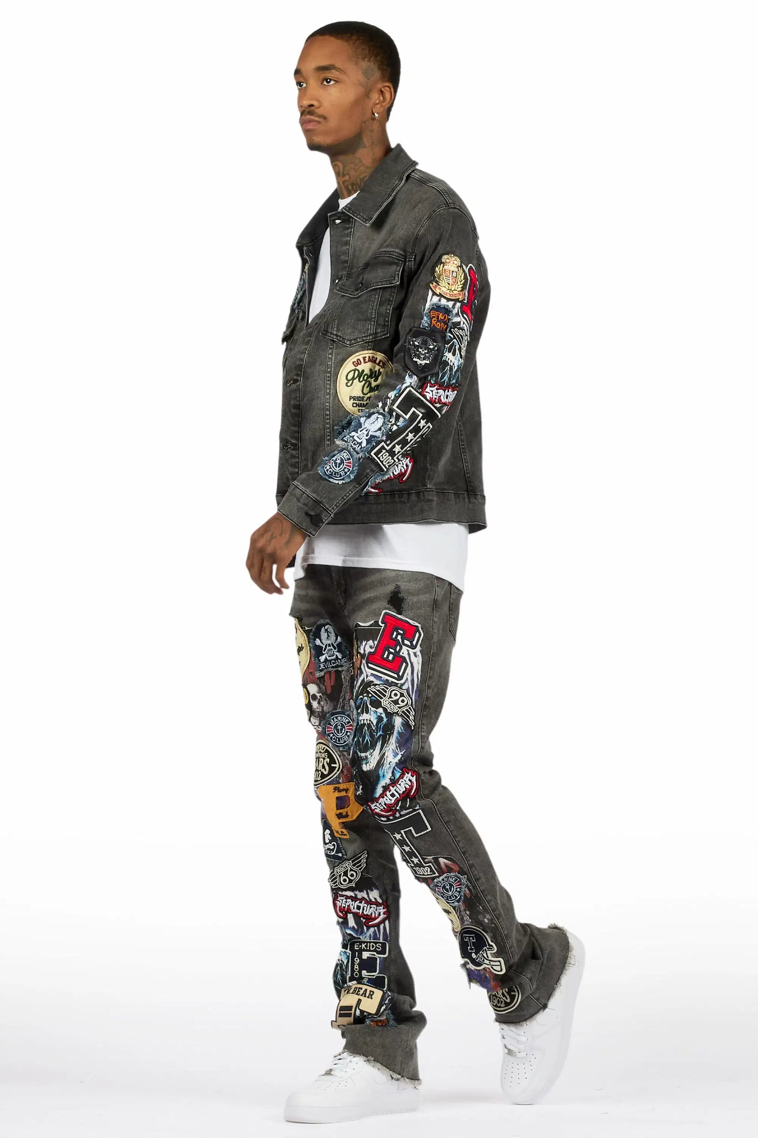 Espan Dark Grey Denim Jacket/Stacked Flare Jean Set