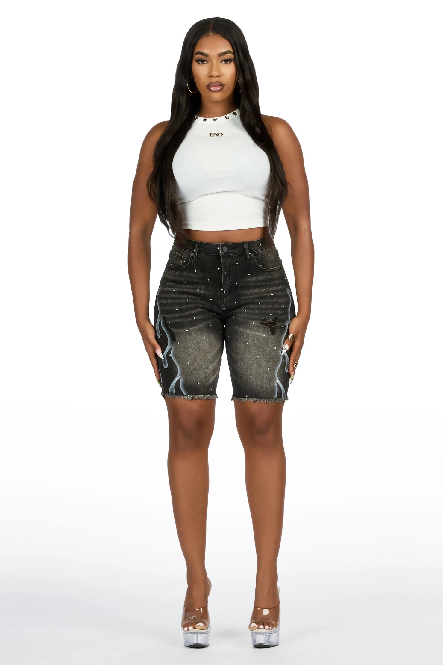 Neshelle Black Rhinestone Jort