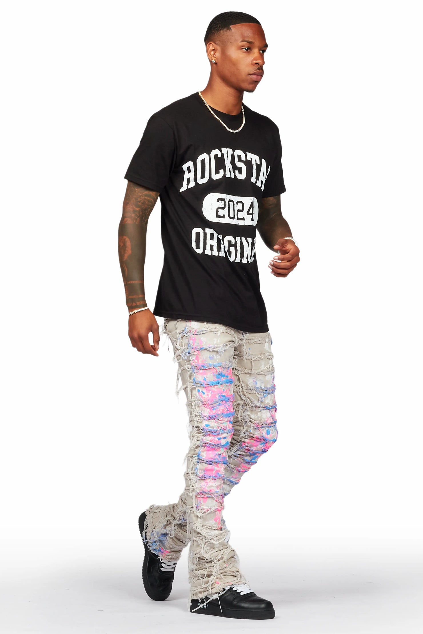 Qamar Pink/Blue Painter Stacked Flare Jean