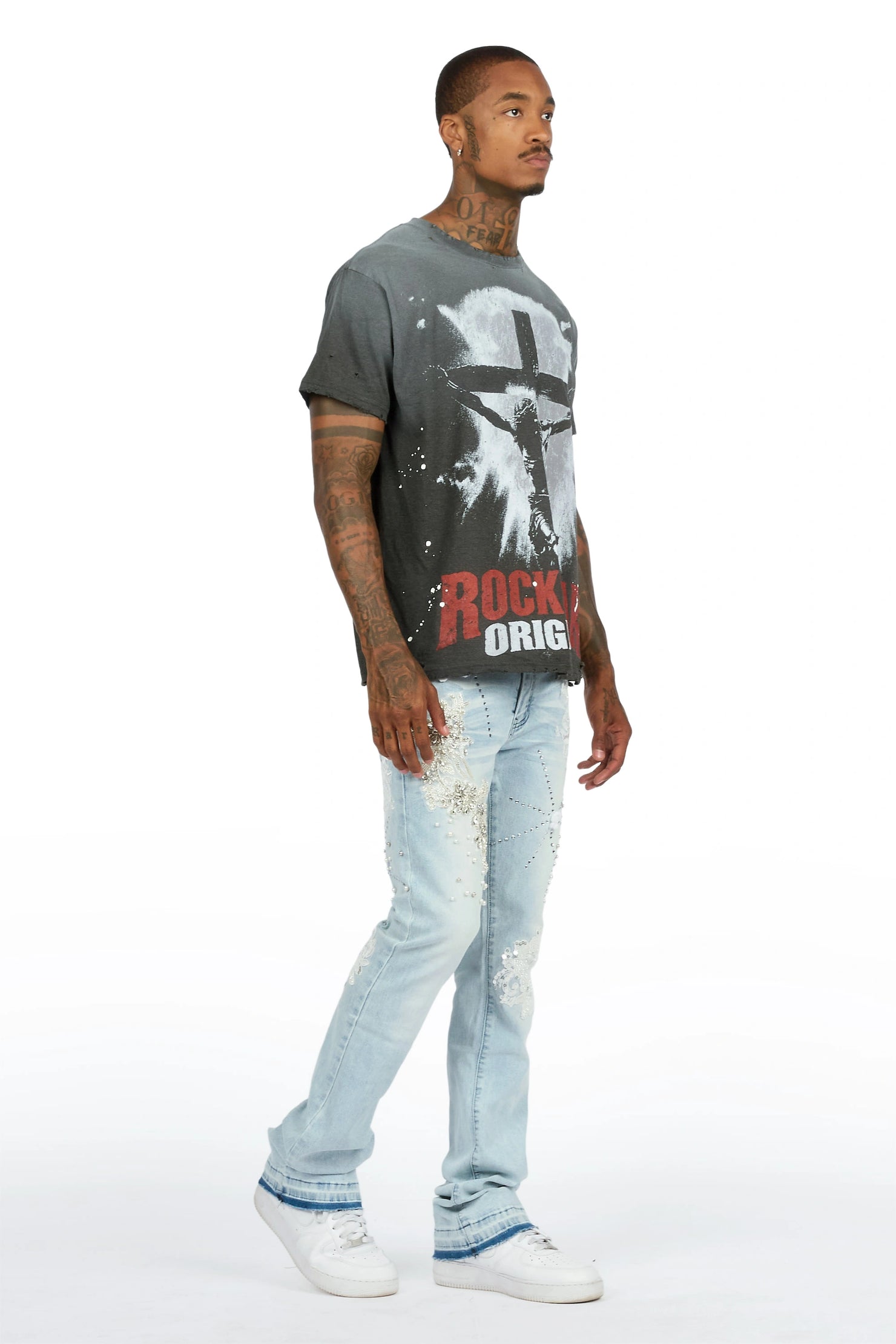 Yezen Light Blue Rhinestone Stacked Fit Jean