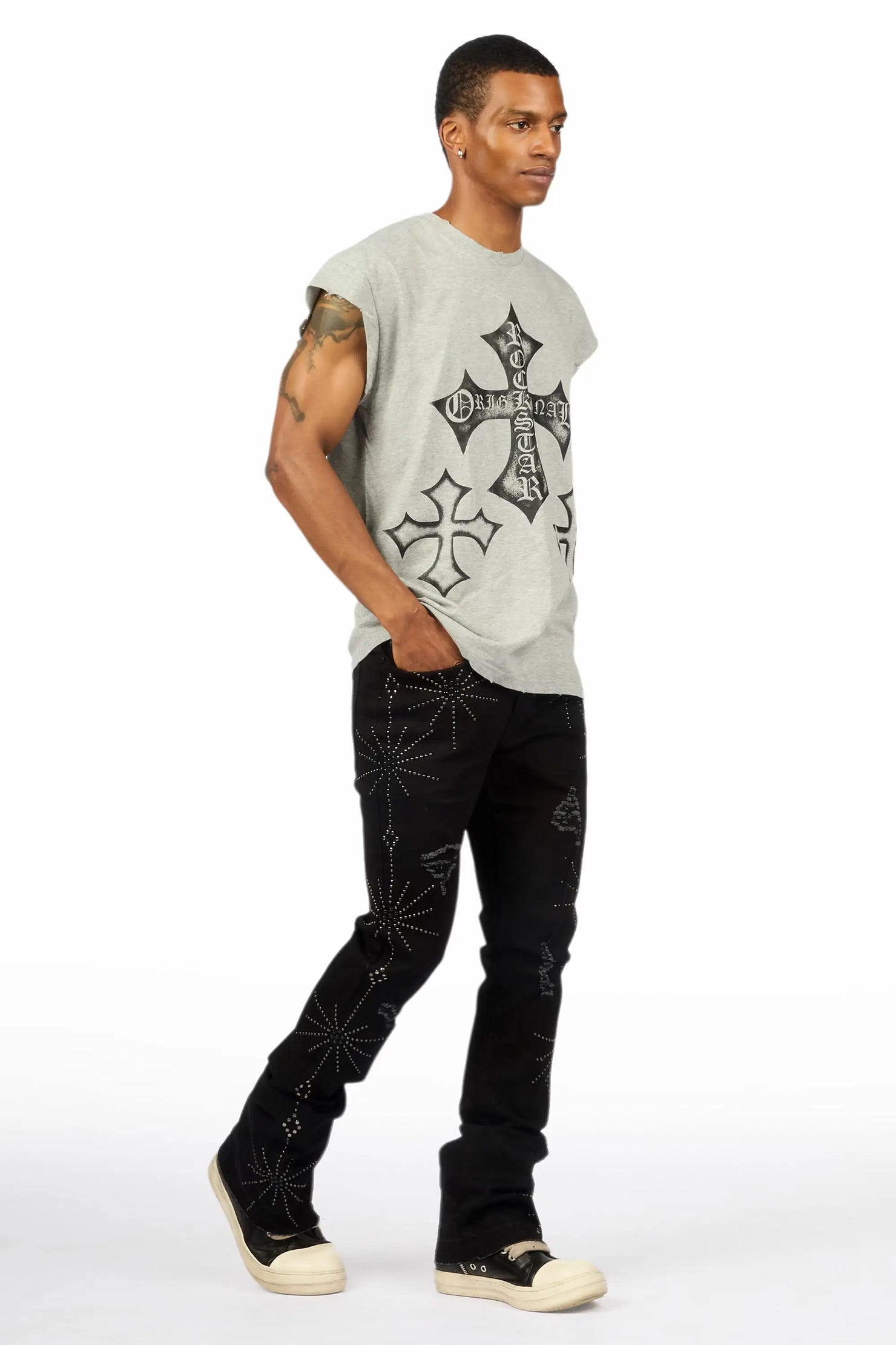 Strast Jet Black Stud Stacked Flare Jean
