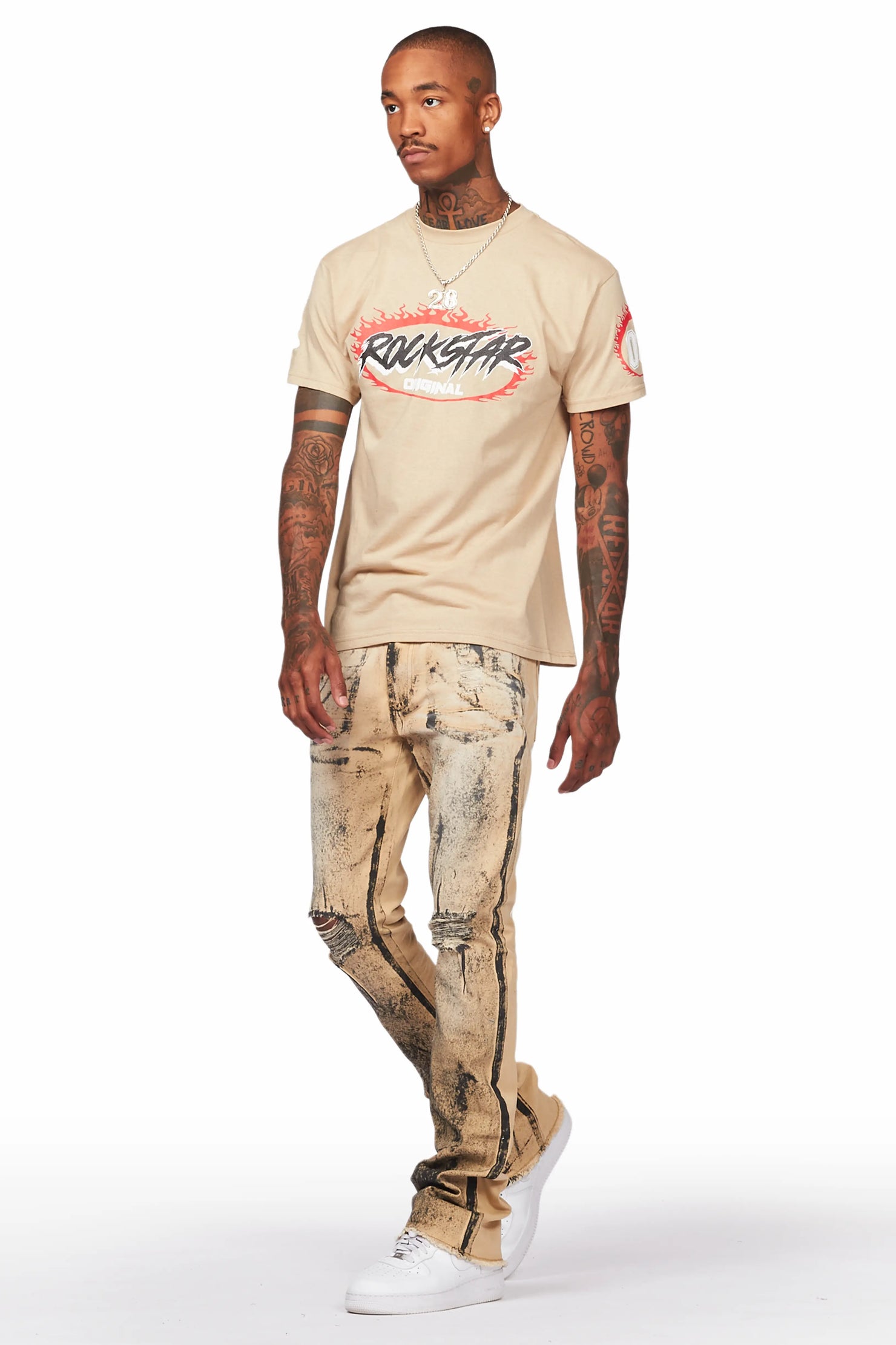 Reki Beige Painter Stacked Flare Jean