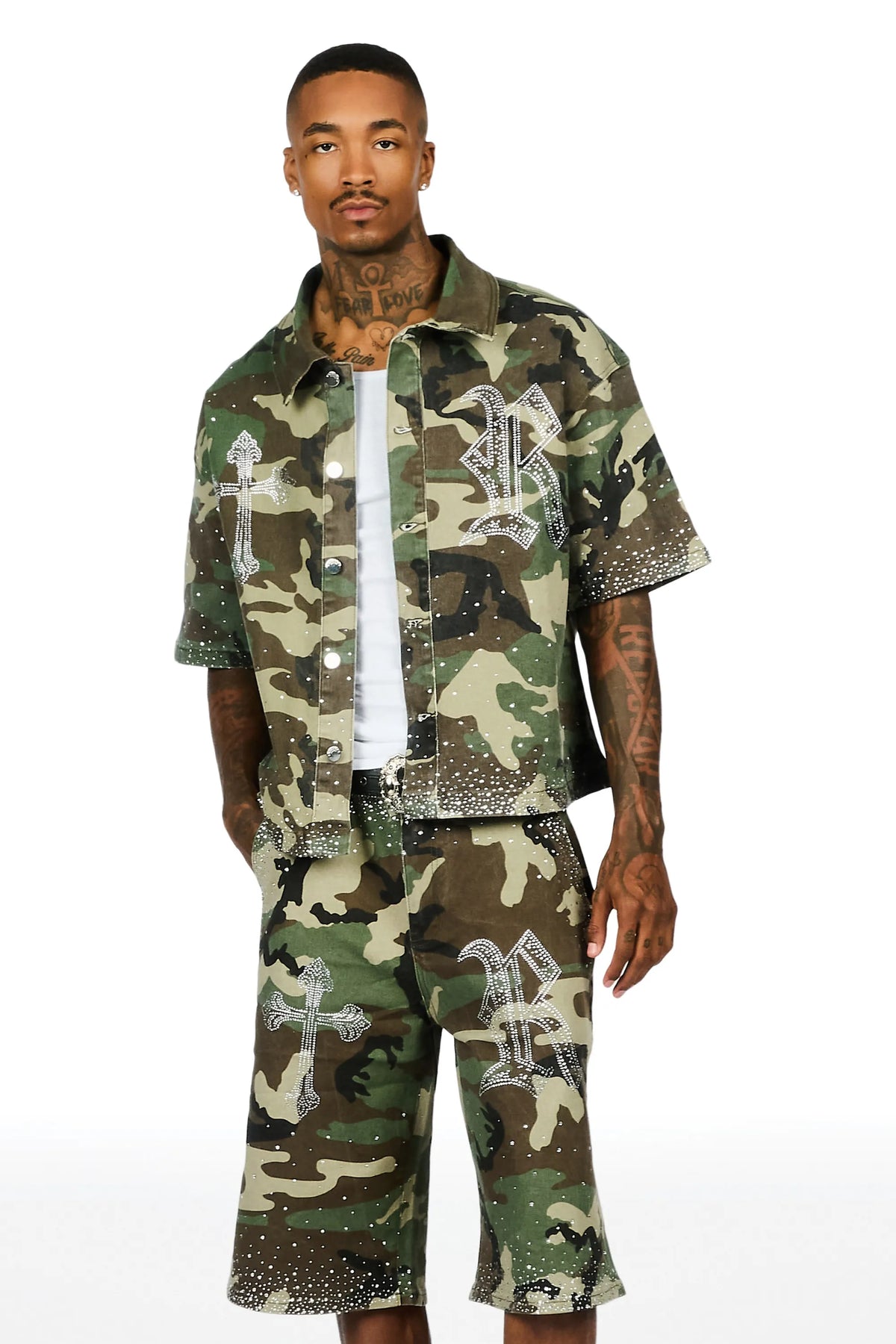 Clemente Camo Rhinestone Button Down Shirt Jort Set
