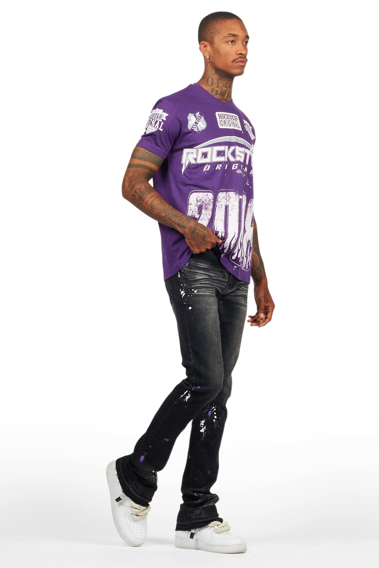 Amos Purple Graphic T-Shirt & Dag Dark Grey Jean Bundle