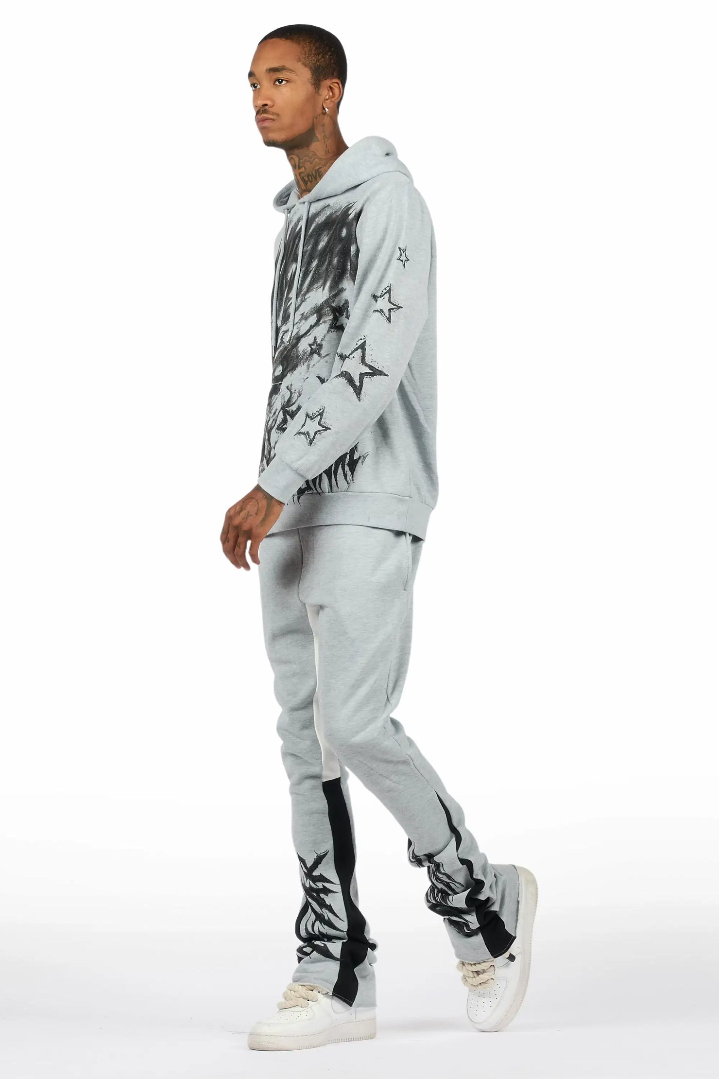 Nelz Heather Grey/Black Hoodie/Stacked Track Pant Set