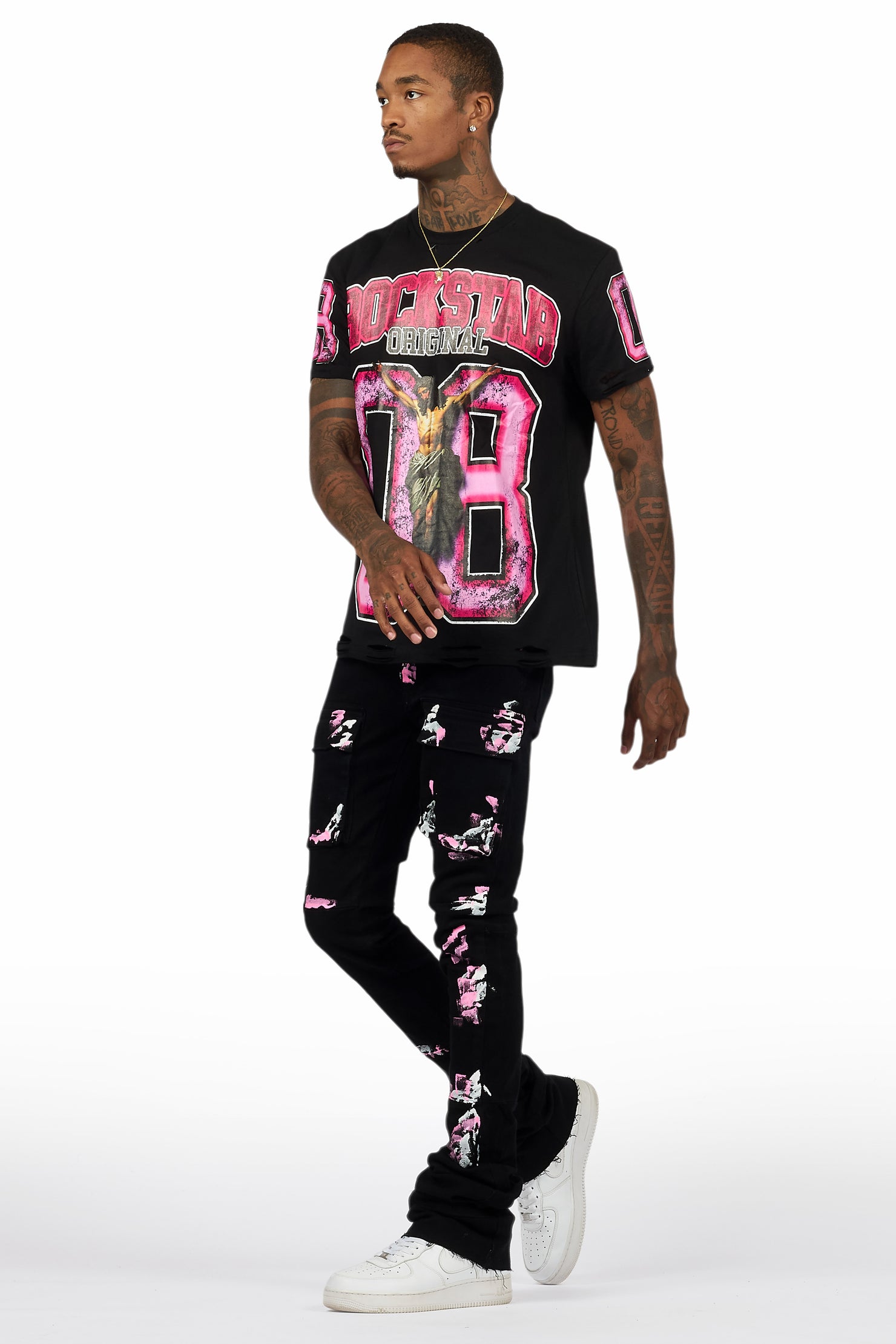 Fields Black T-Shirt/Nello Painted Super Stacked Flare Jean Set