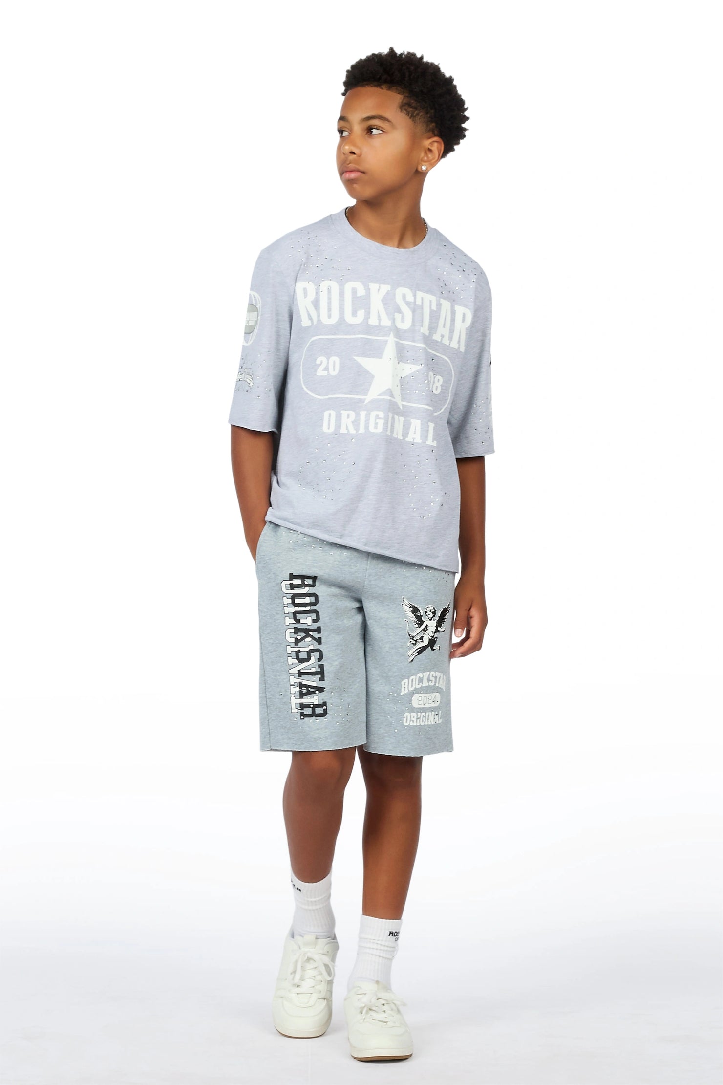 Boys Gutta Grey Rhinestone Boxy T-Shirt/Short Set