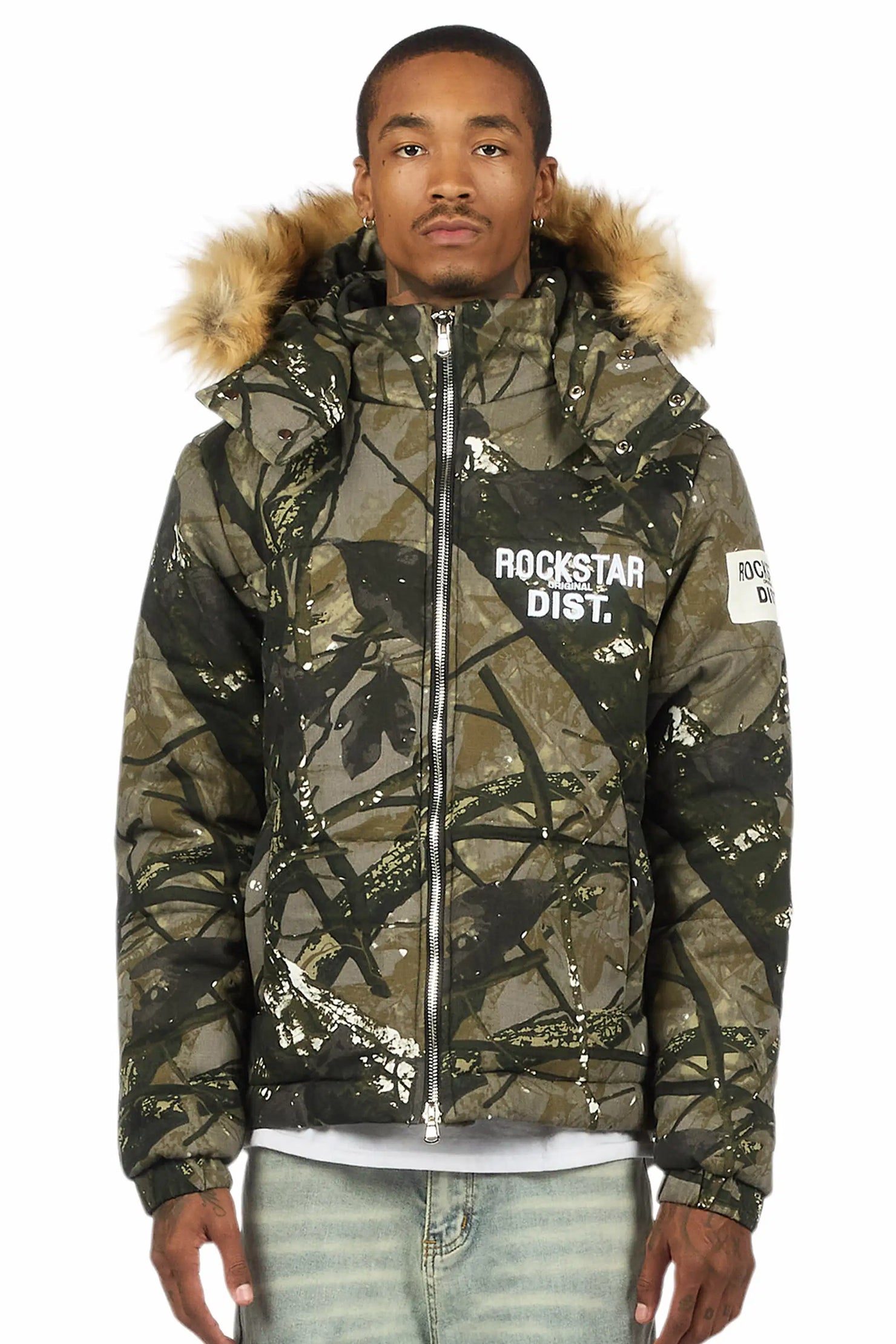 Bevis Camo Puffer Jacket With Faux Fur Hood