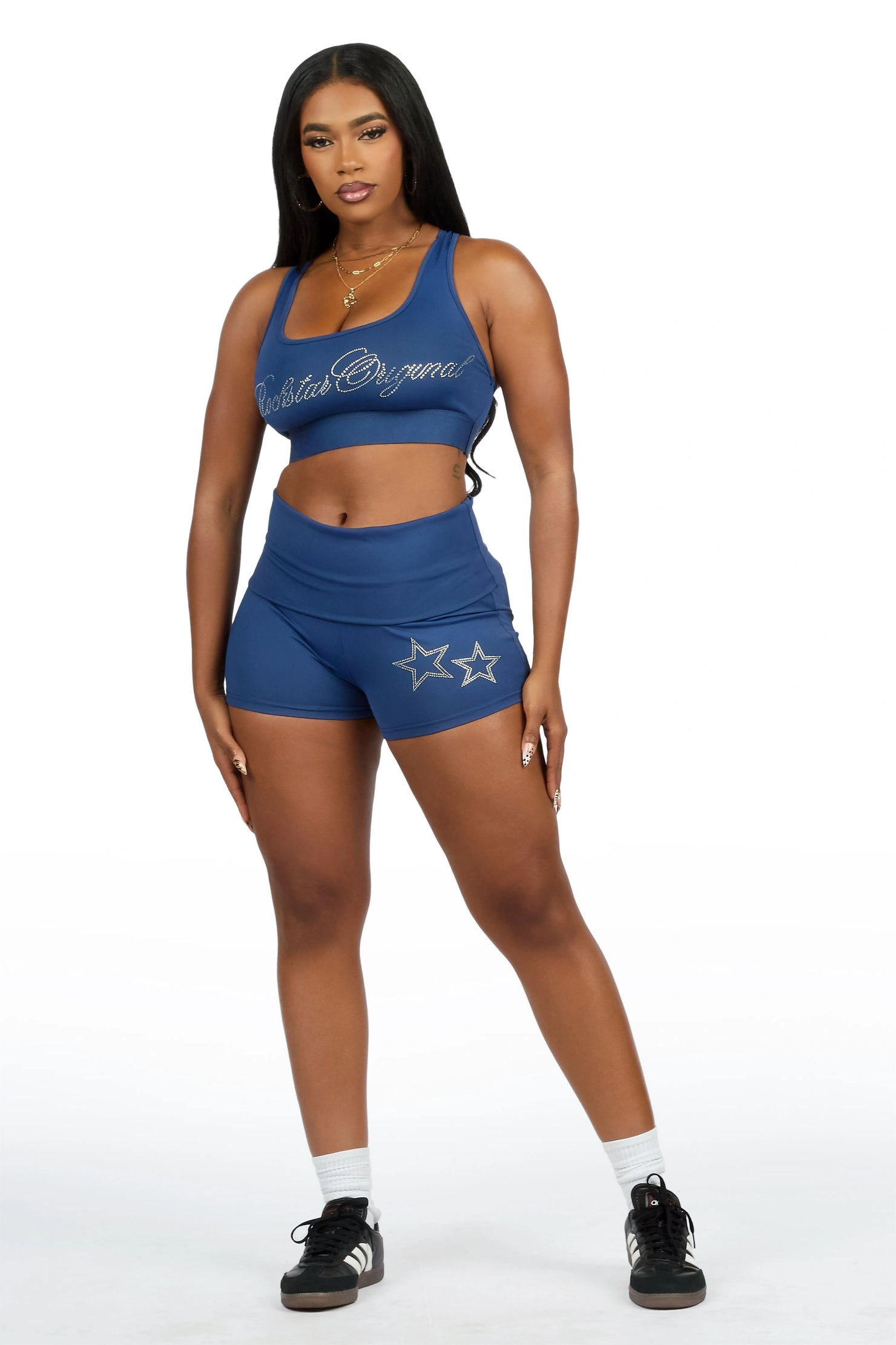 Arieona Navy Rhinestone Sports Bra Foldover Short Set