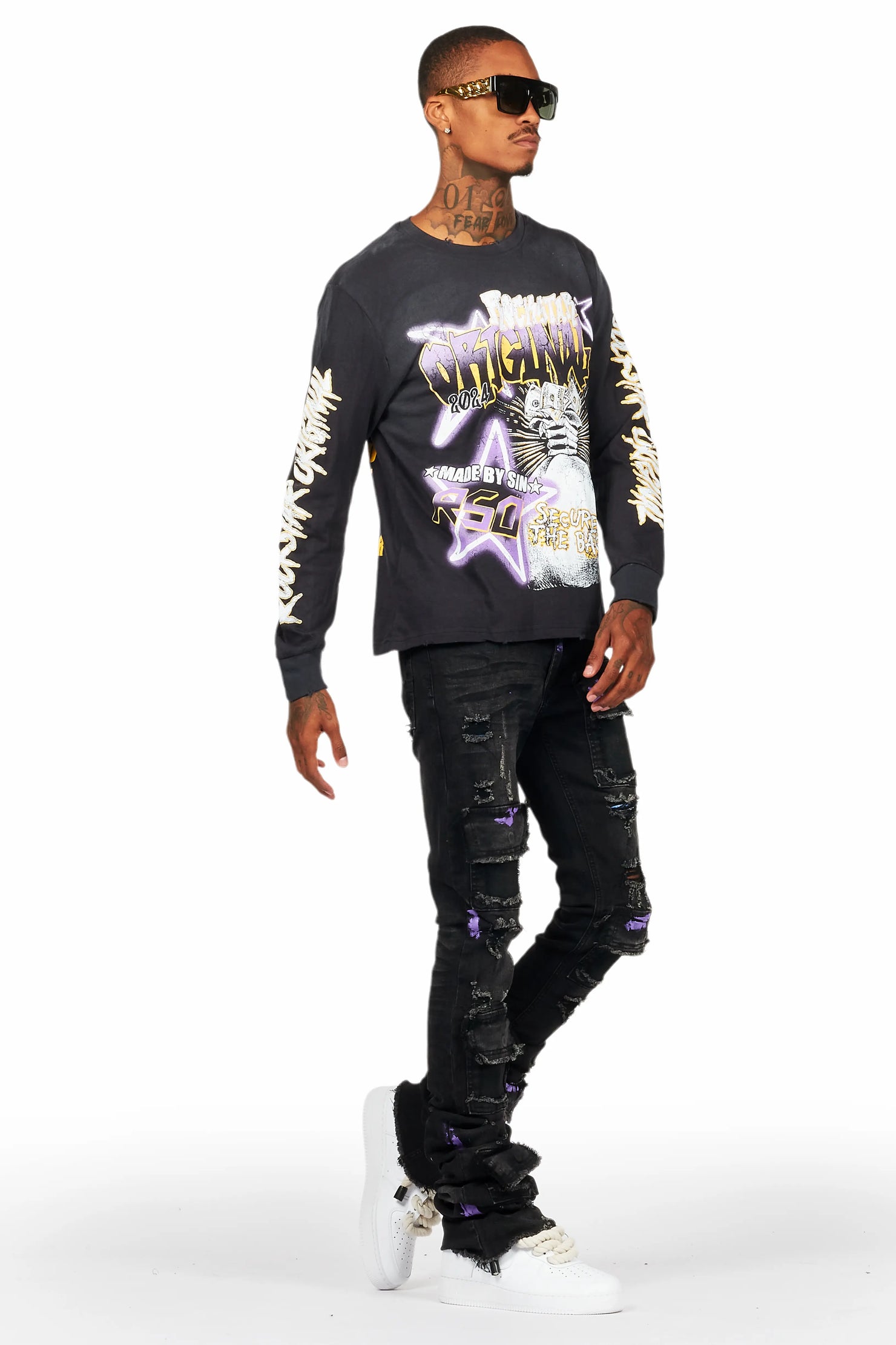 Amelie Black Long Sleeve T-Shirt/Stacked Flare Jean Bundle