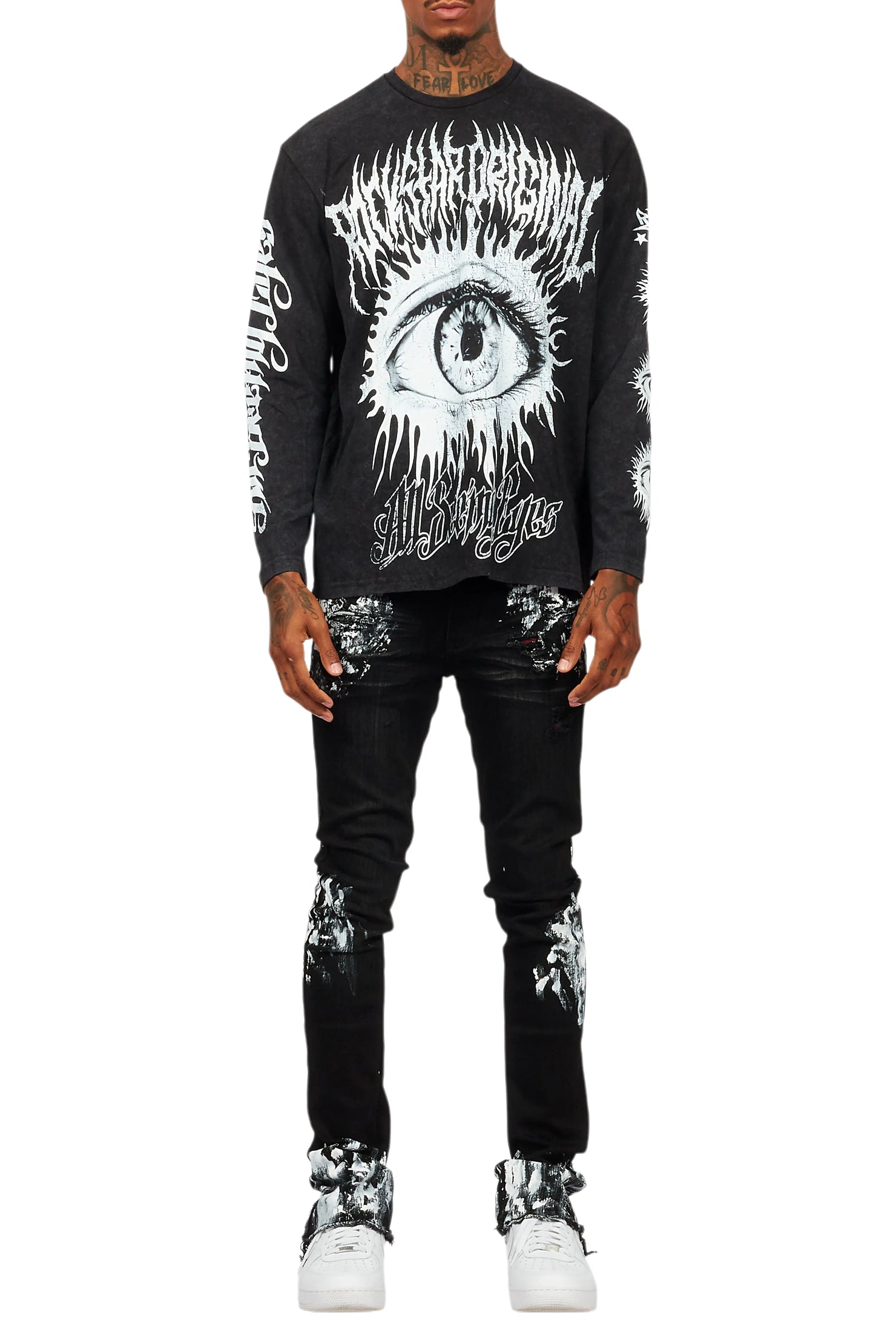 All Seeing Eyes Vintage Black Long Sleeve Graphic T-Shirt