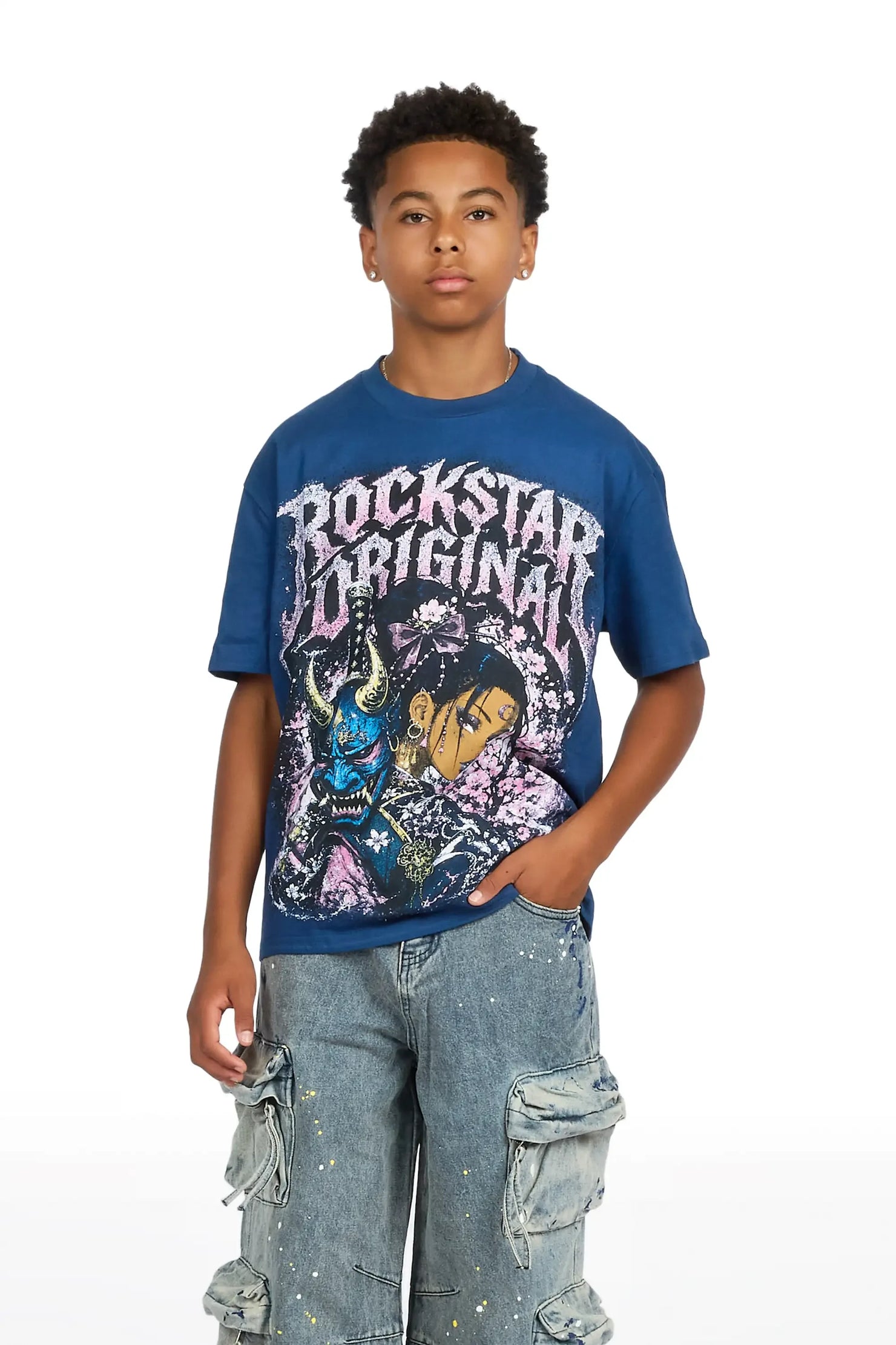 Boys Kavero Navy/Blue T-Shirt Painter Baggy Jean Set