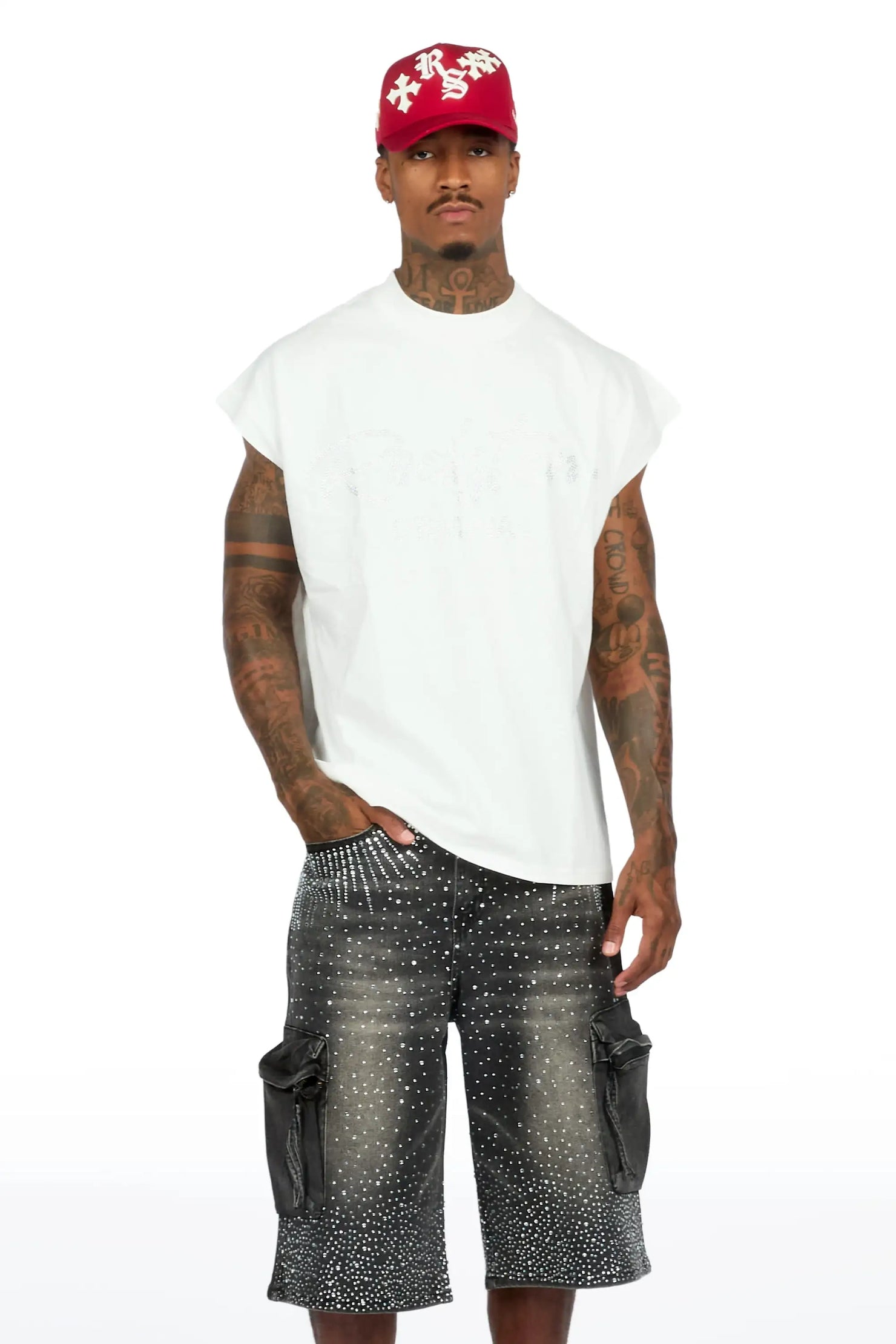 Keoni White Rhinestone Cut Sleeve T-Shirt Denim Short Set