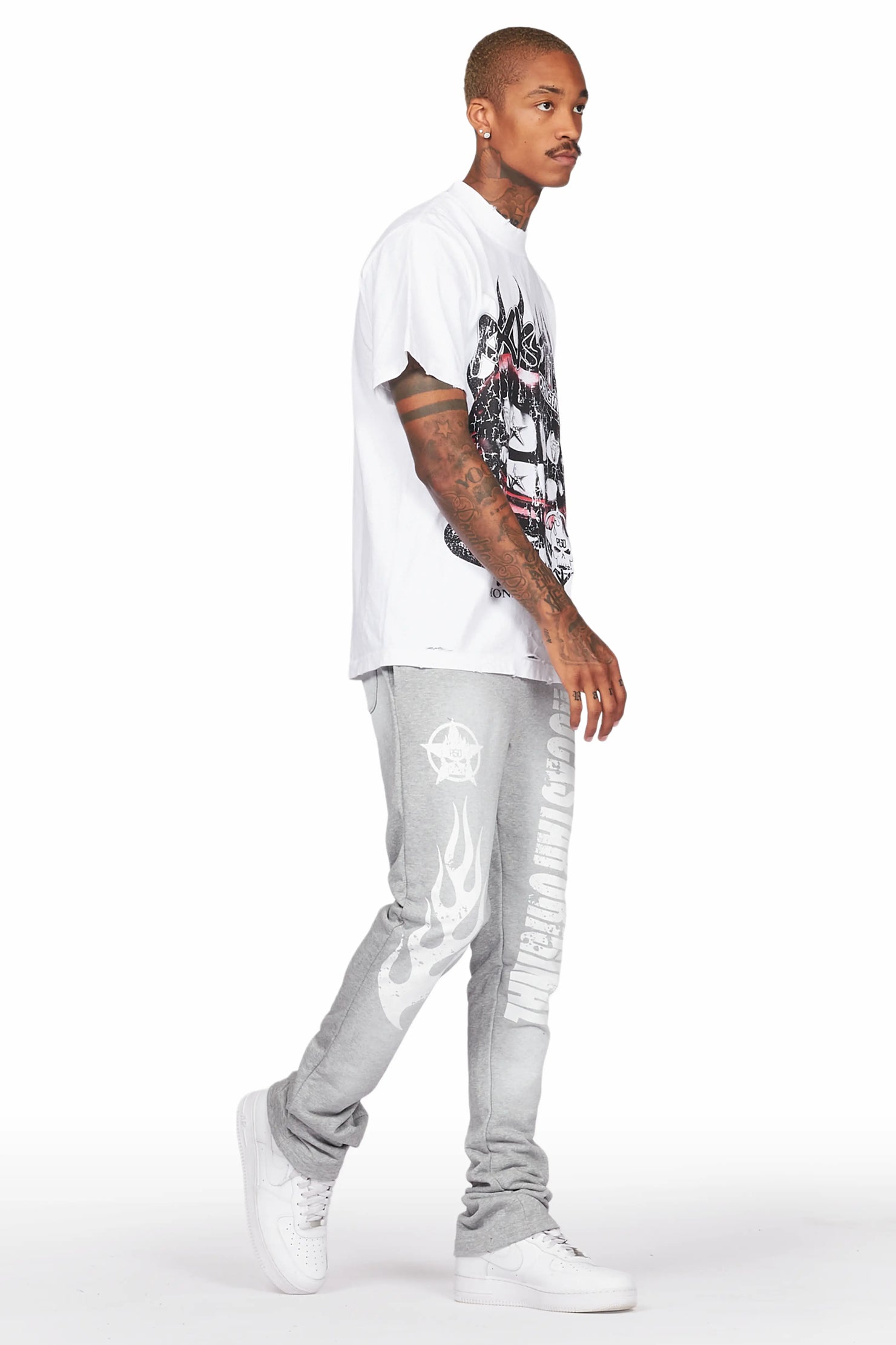 Vadim White/Grey Oversize T-Shirt/Stacked Flare Track Set