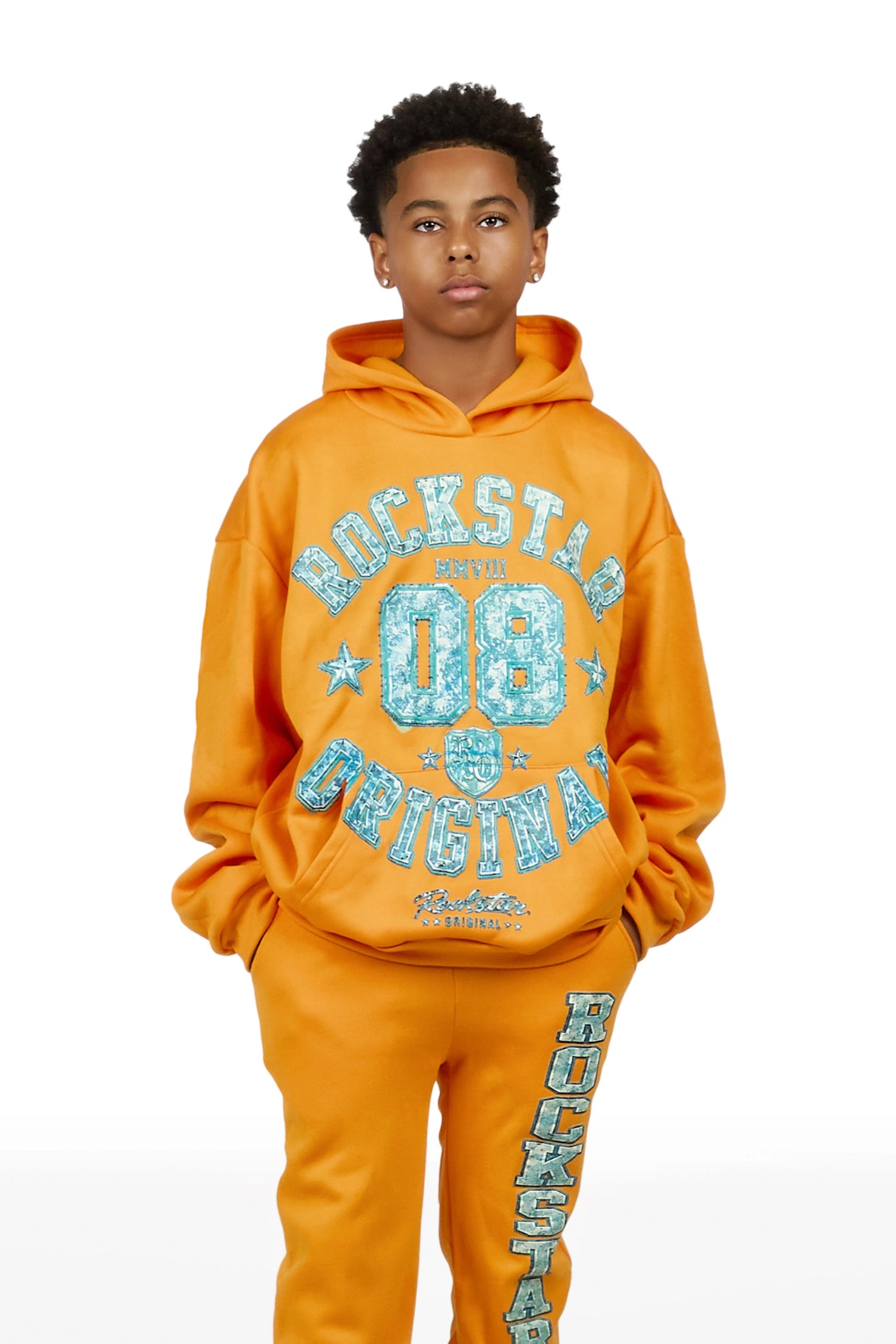 Boys Atramen Orange/Cream Stacked Hoodie Track Set