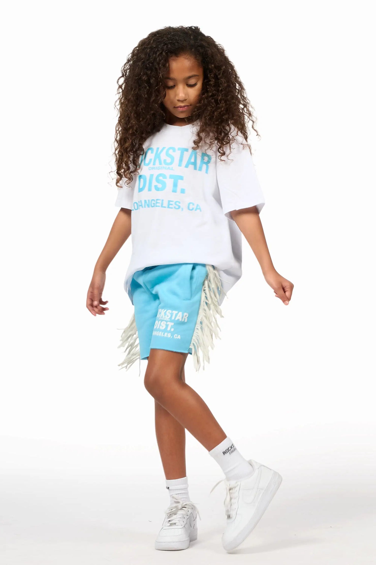 Girls Kendra White/Light Blue Graphic T-Shirt/Fringe Short Set