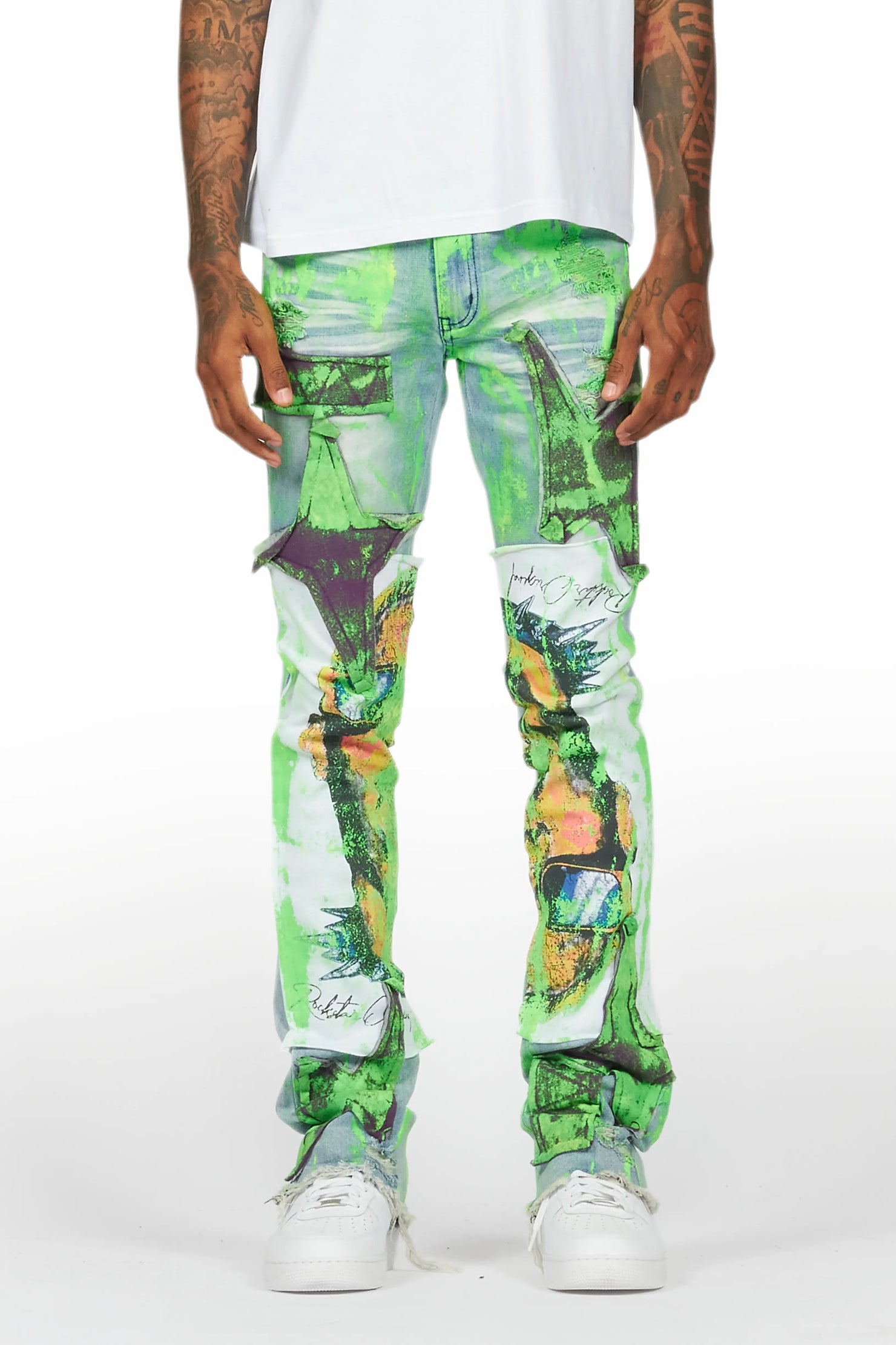 Savier Blue/Green Roller Paint Stacked Flare Jean