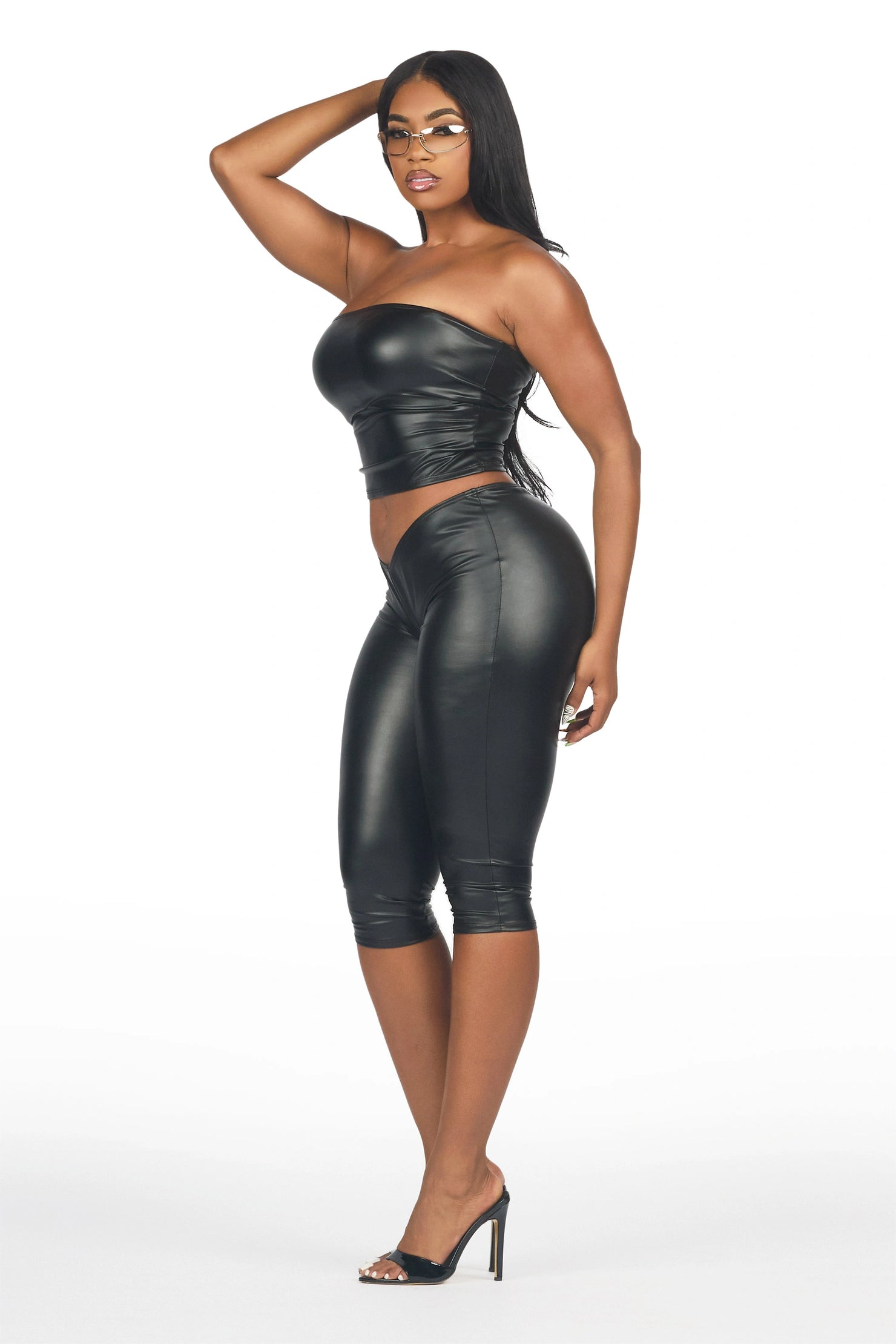 Deep V Pleather Black Capri Set