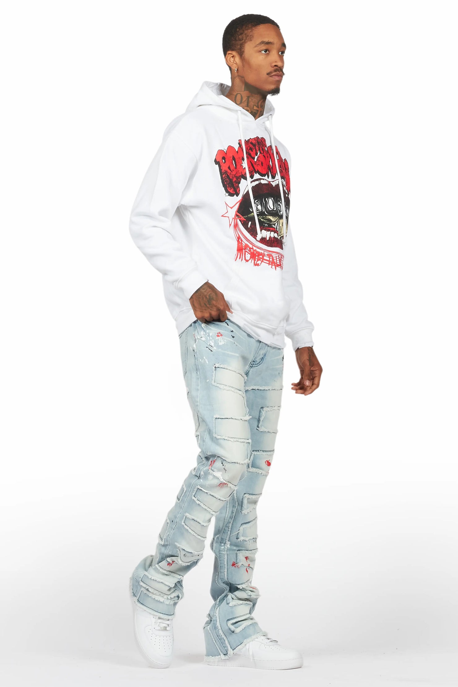 Bloke White/Blue Hoodie/Stacked Flare Jean Bundle