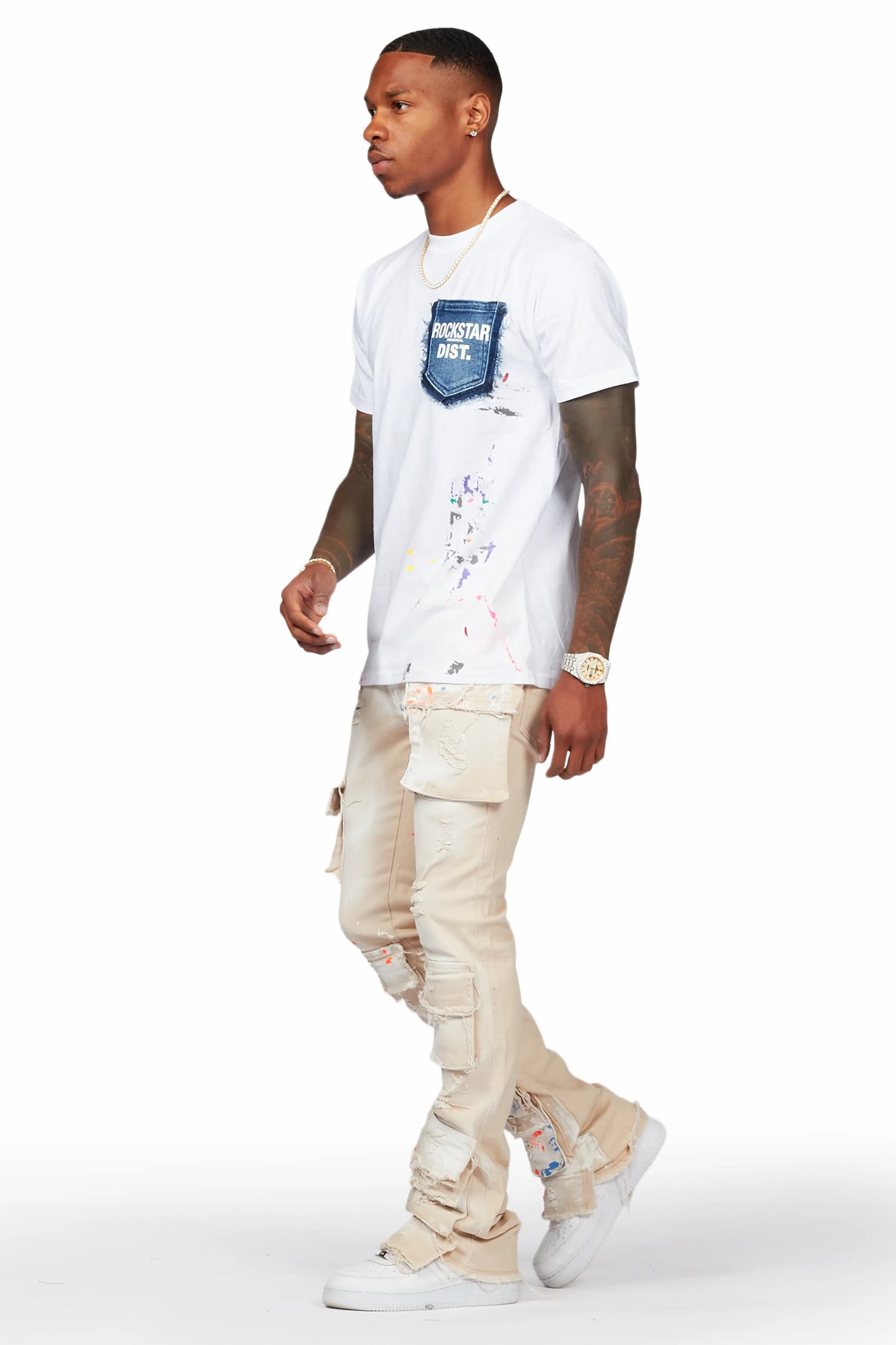 Parees Beige Painter Stacked Flare Jean