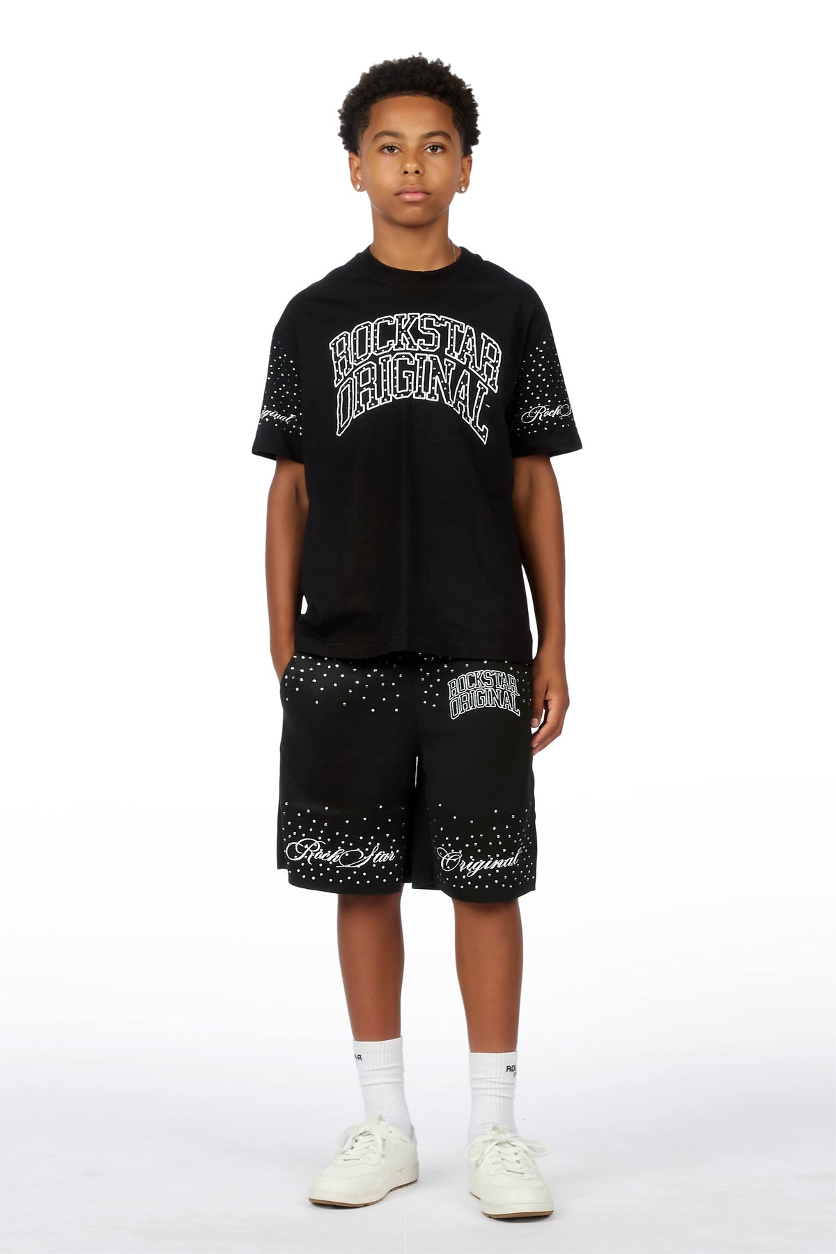 Boys Dripped Black Rhinestone Oversized T-Shirt/Short Set
