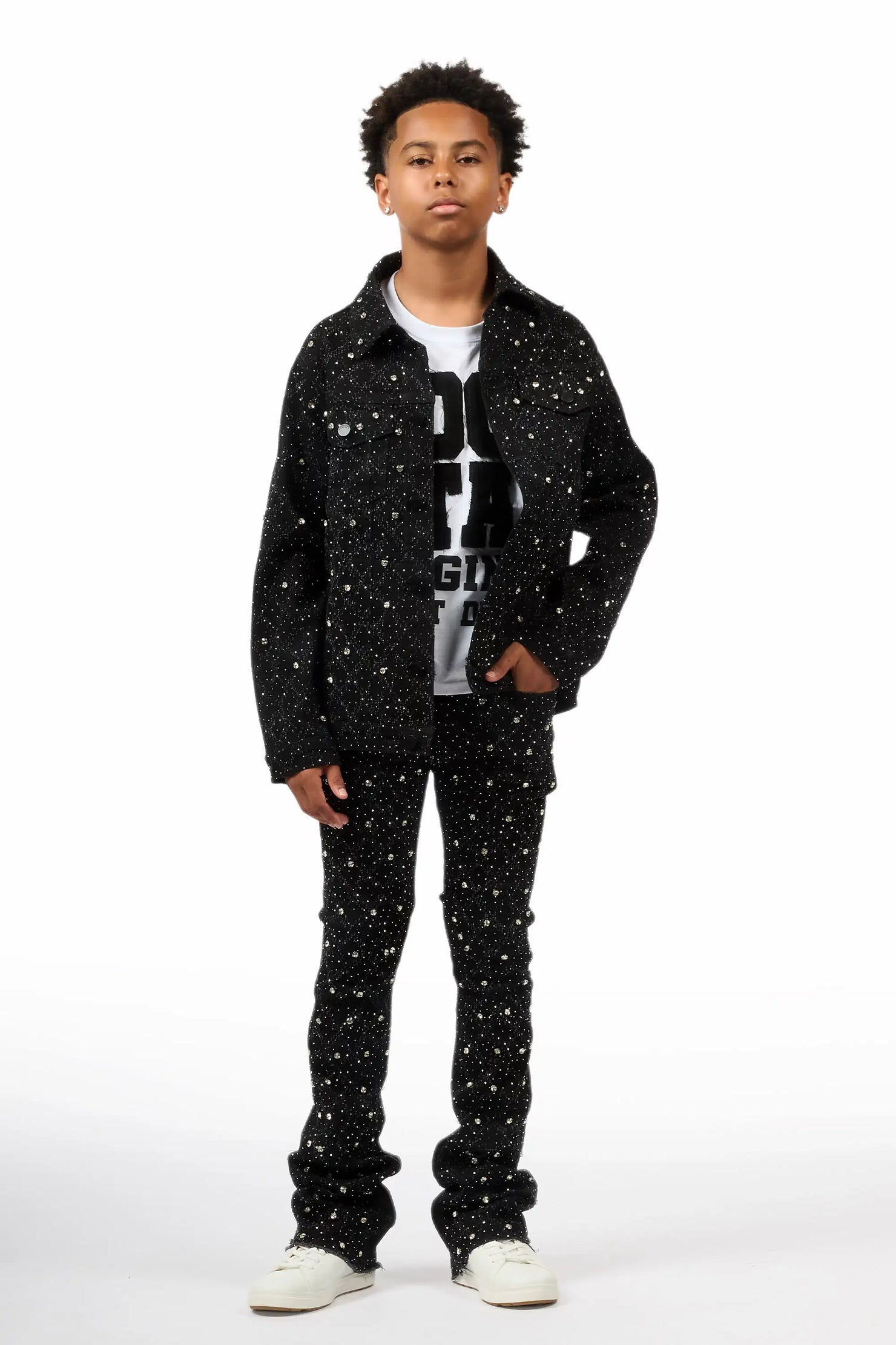 Boys Sareka Black Rhinestone Denim Jacket & Sareka Stacked Jean Set