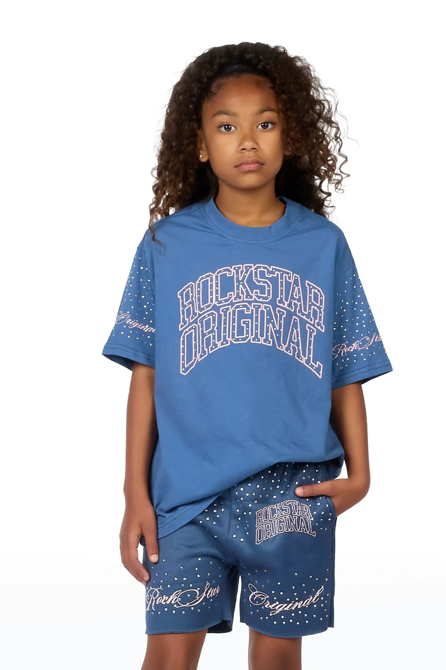 Girls Lakisha Navy Rhinestone Oversized T-Shirt Short Set