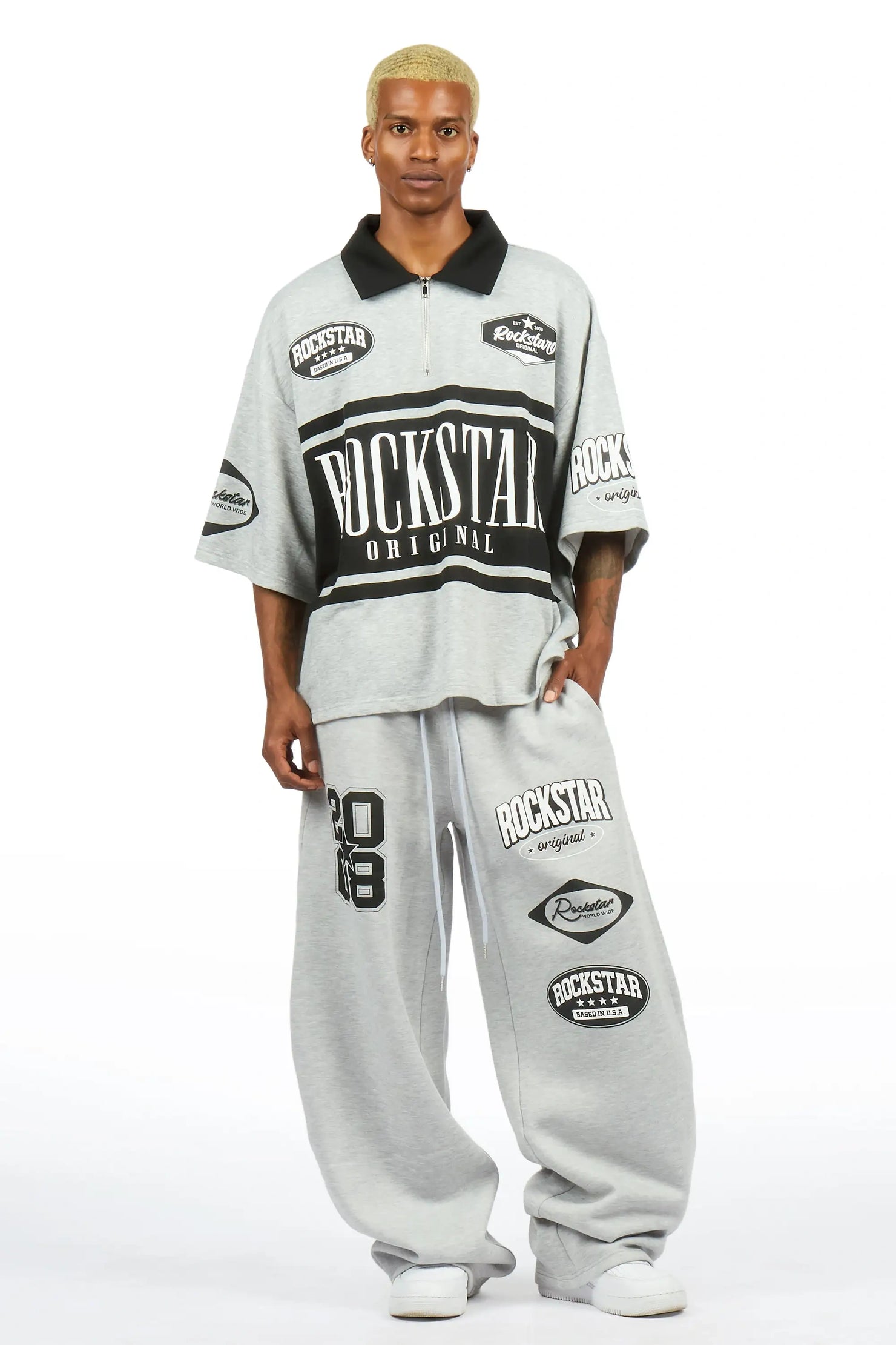 Verseny Heather Grey 1/4 Zip Crop Boxy Tee Fleece /Barrel Fit Set Track Set