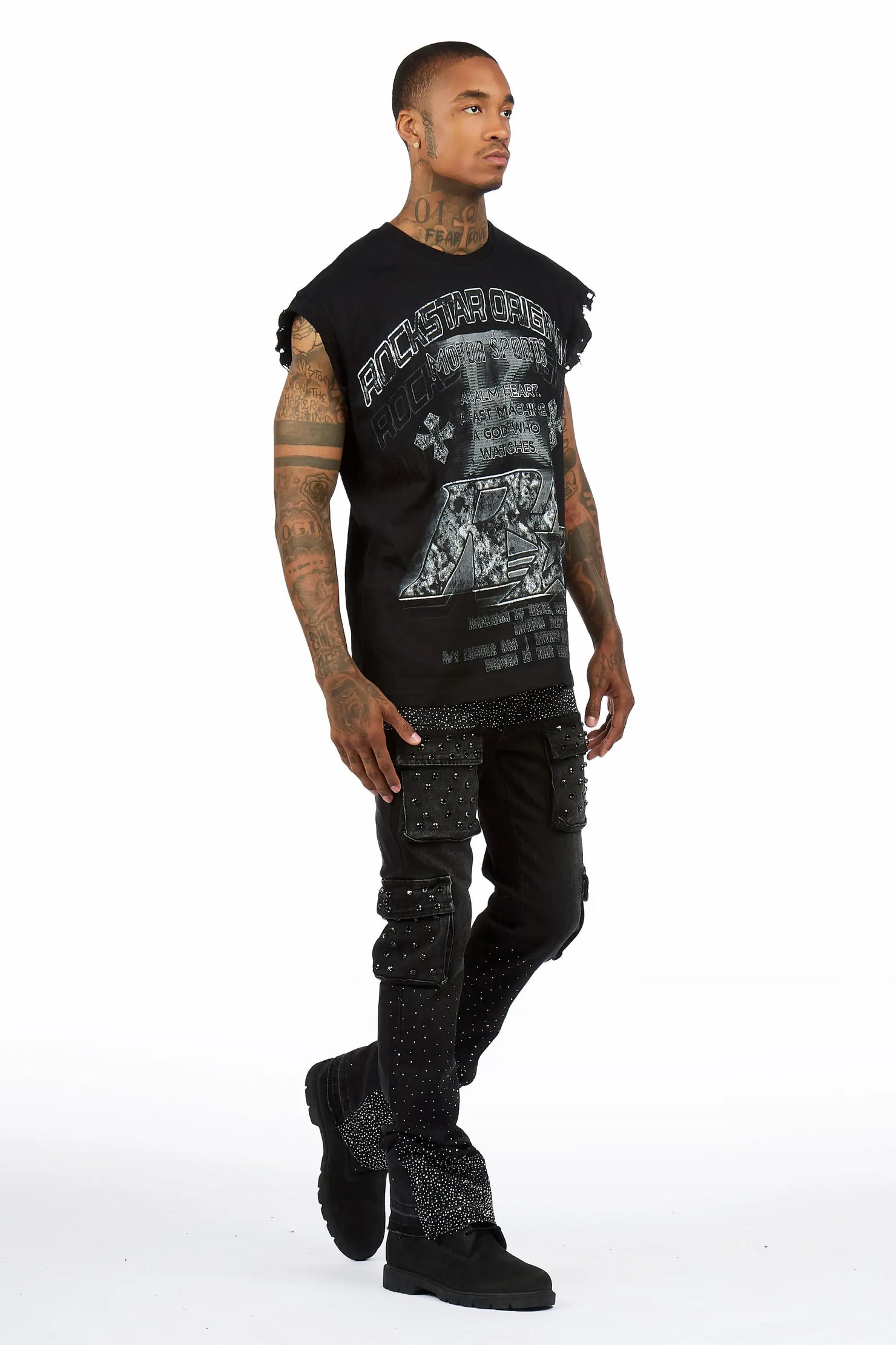Arman Black Rhinestone Stacked Fit Jean