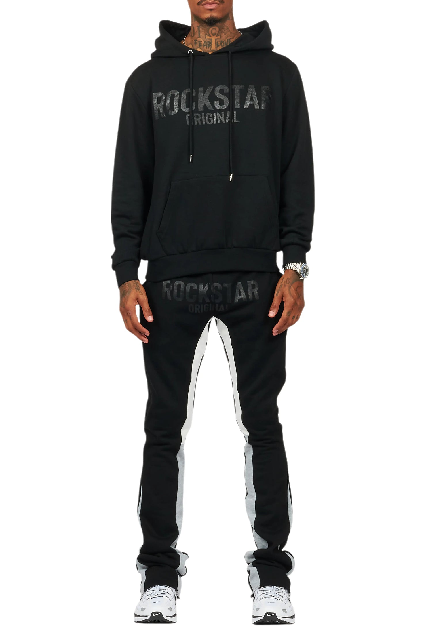 Sana Black Hoodie/Stacked Flare Track Pant Set