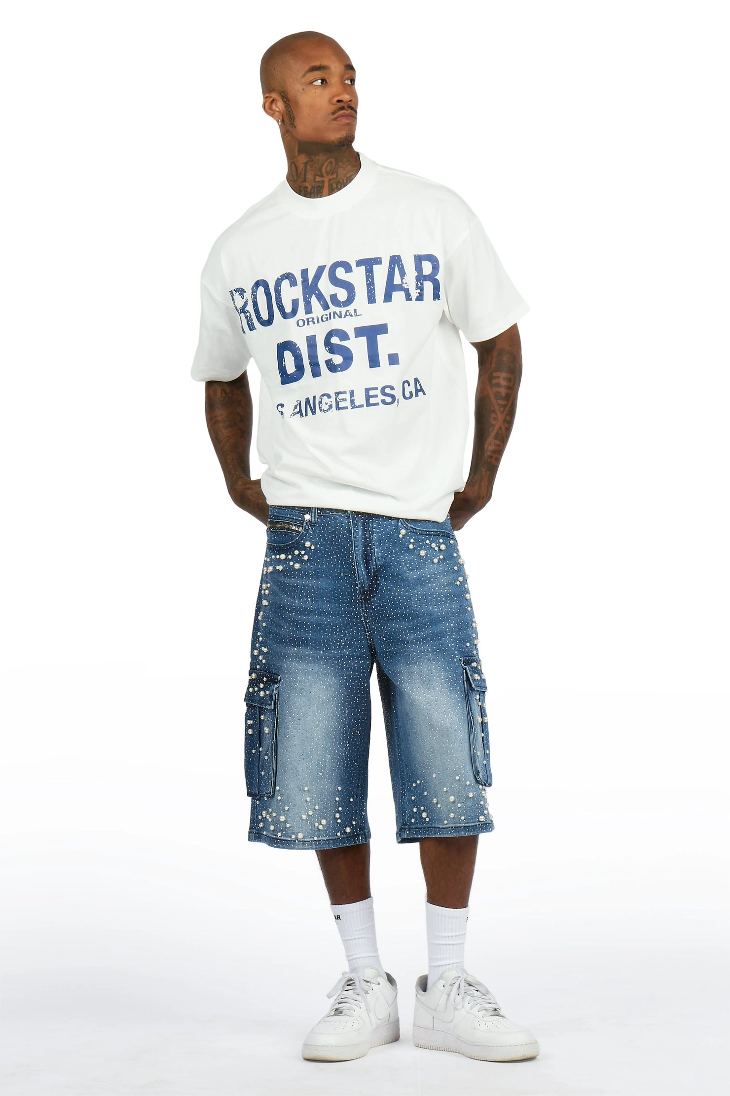 Sevyn White/Blue Rhinestone T-Shirt Denim Jort Set